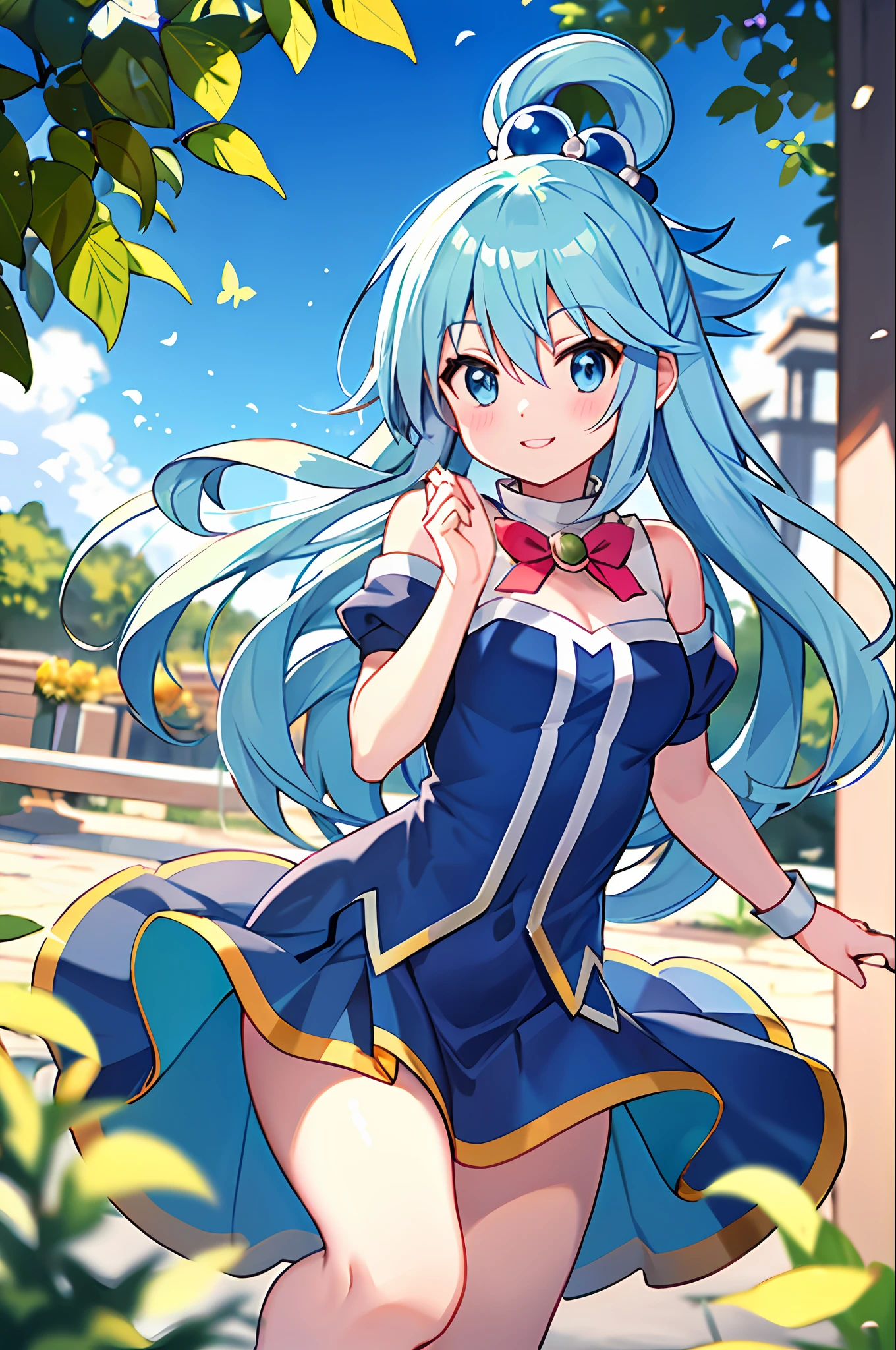 obra-prima, Melhor_qualidade,1Menina (Aqua do anime KonoSuba), sozinho,raposa_Ouvidos, olhos azuis:1.5|olhos azuis:1.1,(cabelo azul 1.2|cabelo azul claro), soft hazelnut eyes, flowing wavy hair, meias de tornozelo, olhando para o espectador, meias brancas, ballet shoes, Vestido de sol pastel, corpo inteiro, jardim de borboletas, surrounded by fluttering butterflies, sunlight filtering through the leaves, serene expression, primavera, hands crossed