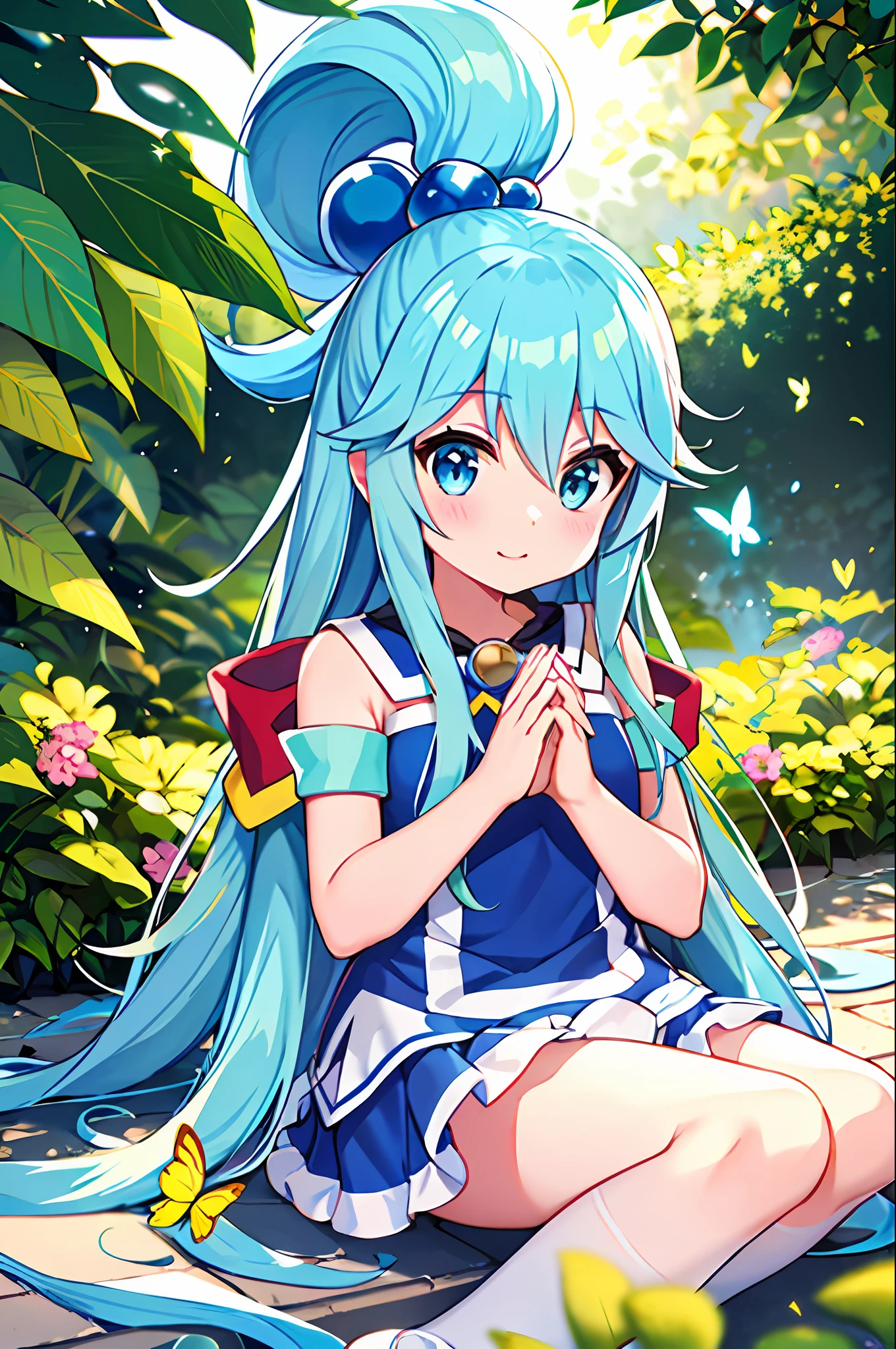 obra-prima, Melhor_qualidade,1Menina (Aqua do anime KonoSuba), sozinho,raposa_Ouvidos, olhos azuis:1.5|olhos azuis:1.1,(cabelo azul 1.2|cabelo azul claro), soft hazelnut eyes, flowing wavy hair, meias de tornozelo, olhando para o espectador, meias brancas, ballet shoes, Vestido de sol pastel, corpo inteiro, jardim de borboletas, surrounded by fluttering butterflies, sunlight filtering through the leaves, serene expression, primavera, hands crossed