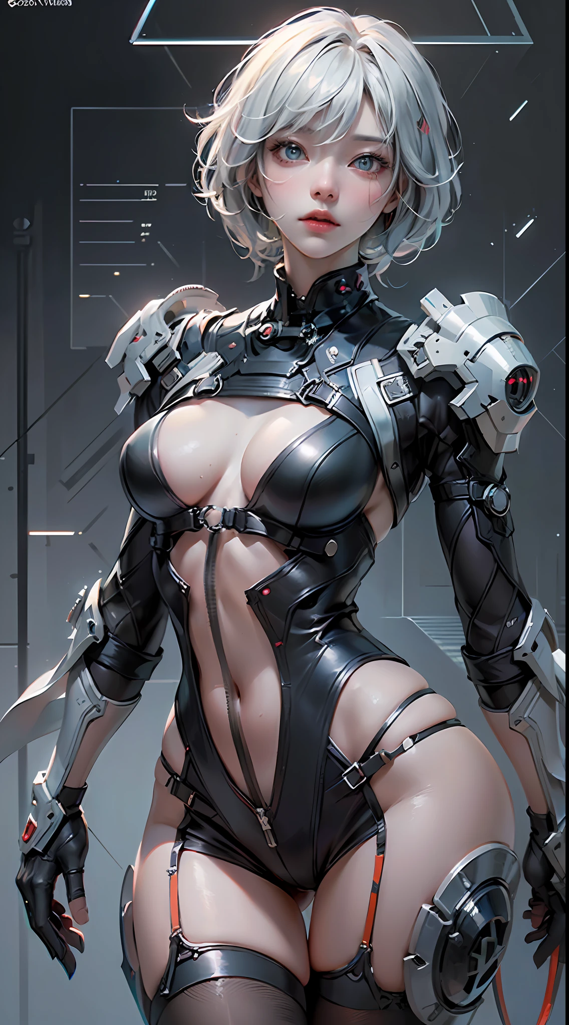 ((top-quality)), (((masterpiece)), (detaileds: 1.4), 3D, Beautiful Cyberpunk Woman Image, bob cuts, Broken black tights, leather clothes, Electromechanical, nffsw(HighDynamicRange), Ray traching, NVIDIA RTX, Hyper-Resolution, Unreal 5, Sub-surface scattering, PBR Texture, Postprocess, Anisotropy Filtering, depth of fields, Maximum sharpness and acutance, Multilayer Texture, Albedo and Highlight Maps, Surface Coloring, Accurate simulation of light-material interactions, perfectly proportions、octane renderings、two tone lighting、Large aperture、Low ISO、White Balance、thirds rule、8K Raw、masterpiece、top-quality、(8k extremely detailed CG unit wallpaper)(top-quality)、(The best illustrations)、(Best Shadows)