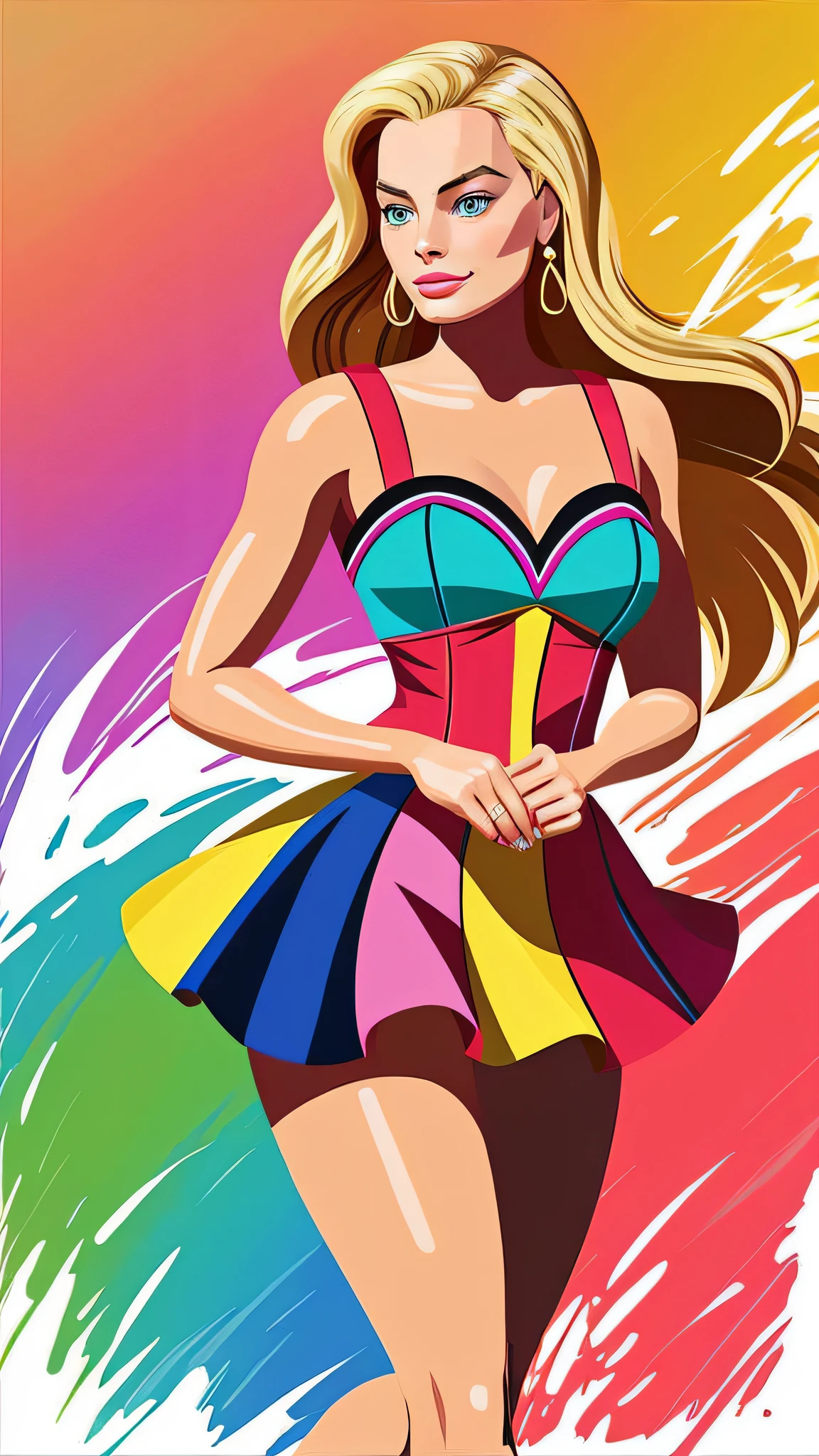 Beautiful Graphic illustration of (Margot Robbie as Barbie) splash colors, graphic design. digital art