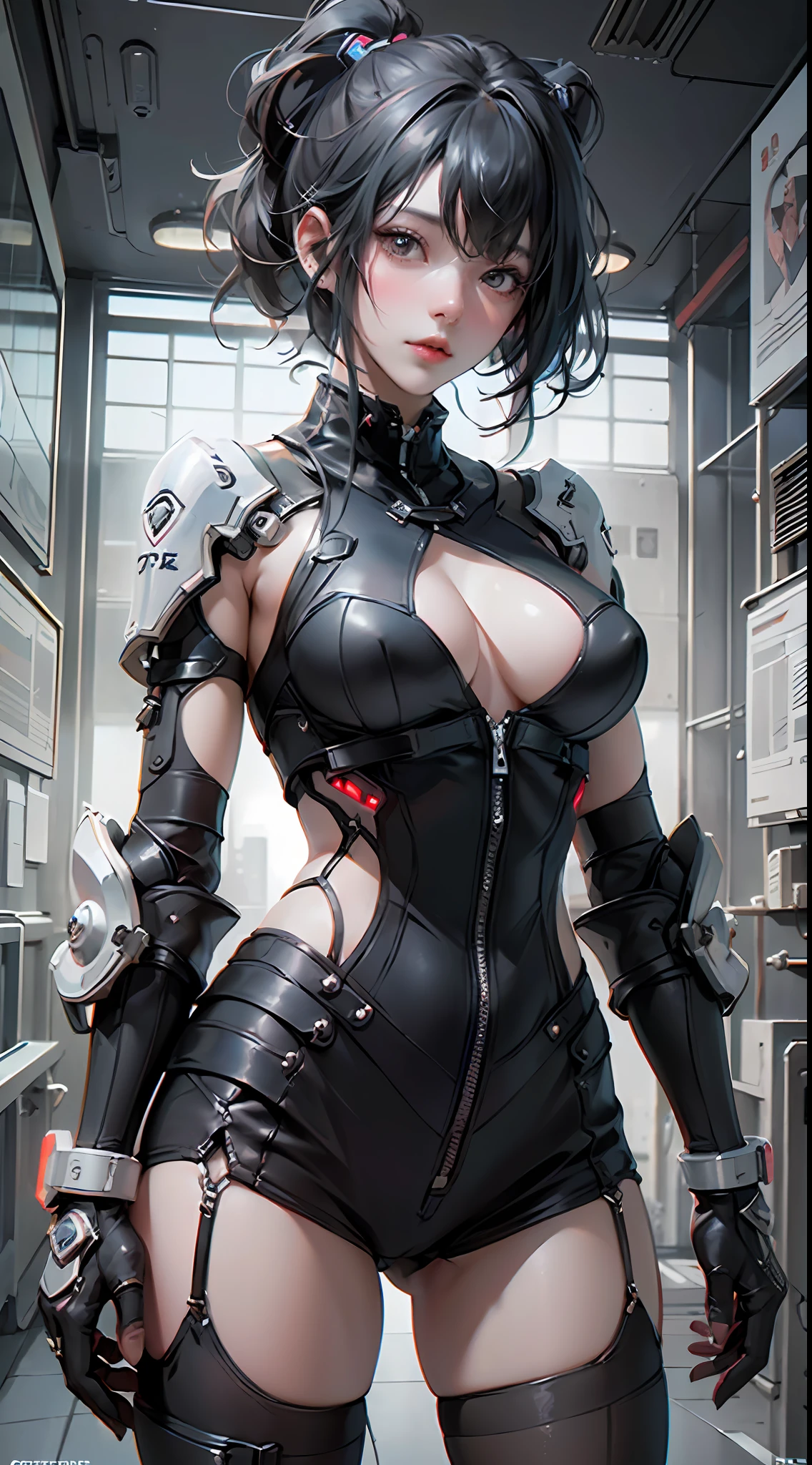 ((top-quality)), (((masterpiece)), (detaileds: 1.4), 3D, Beautiful Cyberpunk Woman Image, bob cuts, Broken black tights, leather clothes, Electromechanical, nffsw(HighDynamicRange), Ray traching, NVIDIA RTX, Hyper-Resolution, Unreal 5, Sub-surface scattering, PBR Texture, Postprocess, Anisotropy Filtering, depth of fields, Maximum sharpness and acutance, Multilayer Texture, Albedo and Highlight Maps, Surface Coloring, Accurate simulation of light-material interactions, perfectly proportions、octane renderings、two tone lighting、Large aperture、Low ISO、White Balance、thirds rule、8K Raw、masterpiece、top-quality、(8k extremely detailed CG unit wallpaper)(top-quality)、(The best illustrations)、(Best Shadows)
