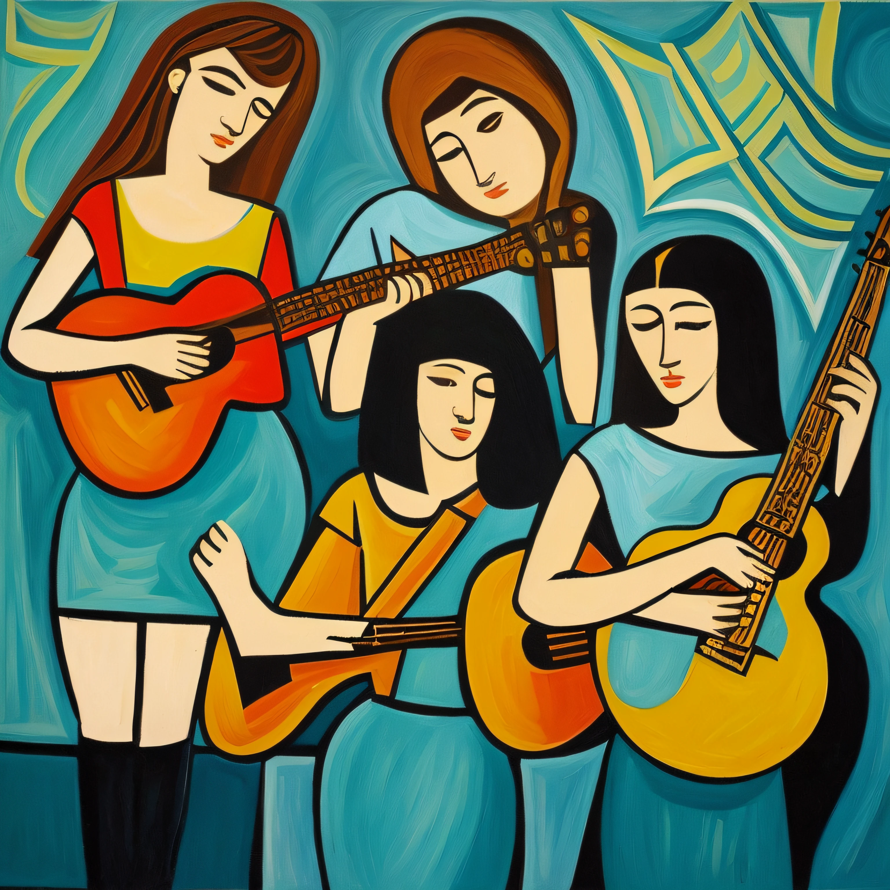 Pintura de un grupo de adolescentes mujeres y hombres tocando instrumentos musicales juntos, En el estilo de pintura de Pablo Picasso "Les Demoiselles d'Avignon", oil on canvas, painting oil painting , in a oil painting style --auto