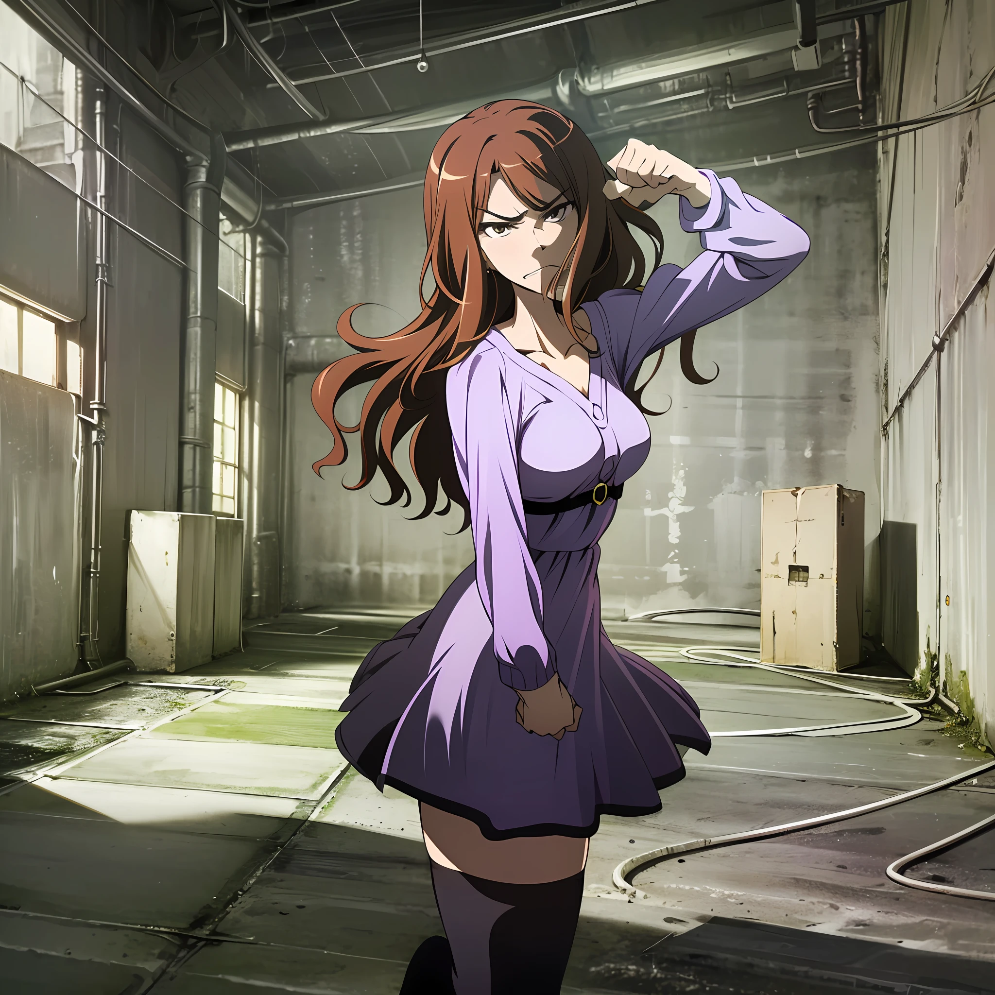 ((((a fist)))).((((punching out)))),((((angle from side)))),(((the side of the fist))),(at night),((((dramatic shadows)))),
highres, shizuri1, 1girl, solo, thighhighs, brown hair, long hair, brown eyes, black thighhighs, purple dress,(((abandon factory))),
((((((((masterpiece)))))))), best quality, highly detailed, extremely detailed CG unity 8k wallpaper,illustration,sfw,
indoor,((((abandon factory)))),(at night),spotlight,(((grey background))),(grey wall),wire,pipe,(night),