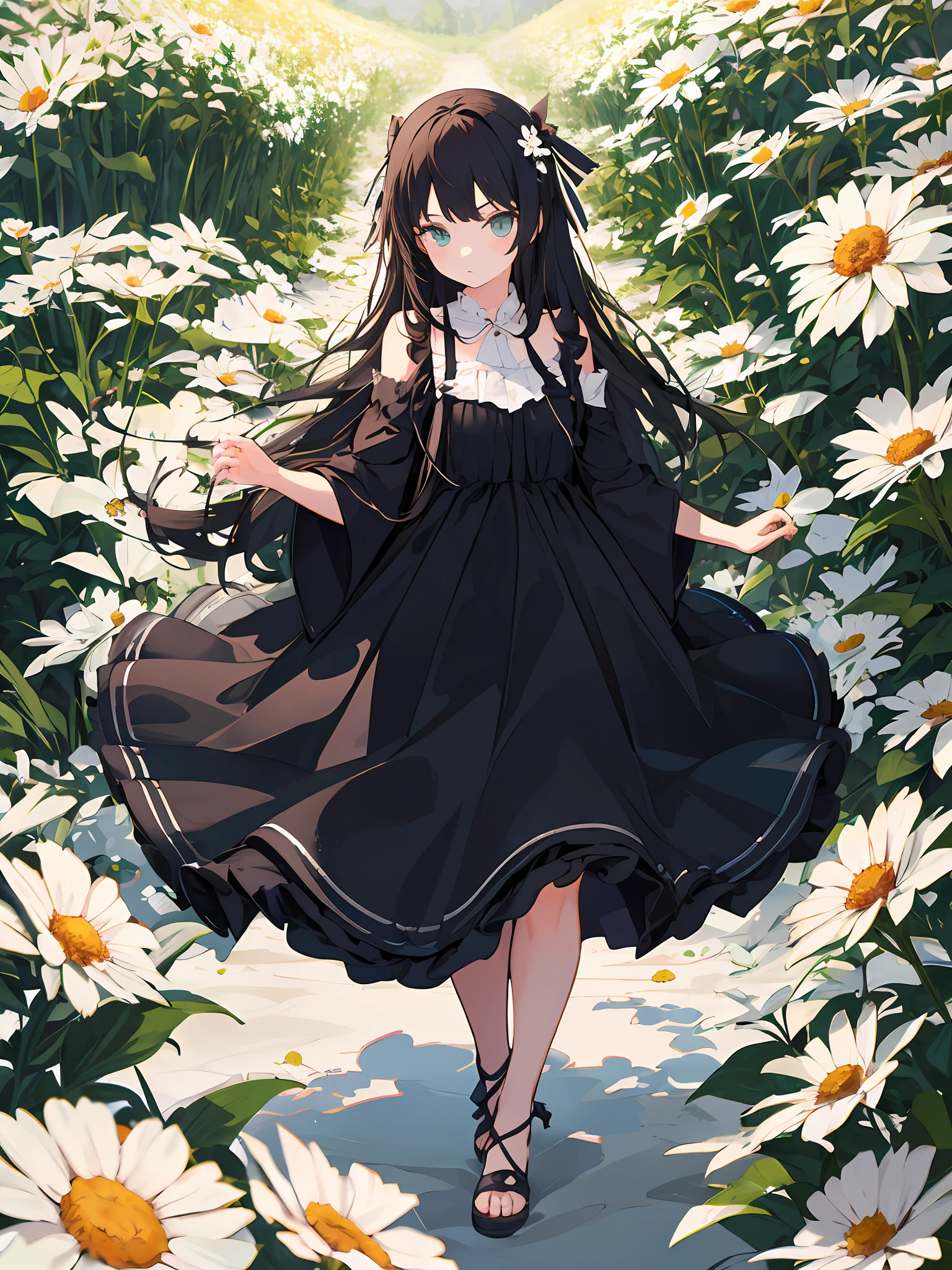 Masterpiece, best quality, girl in soft clothes, girl looking at the endless flower field