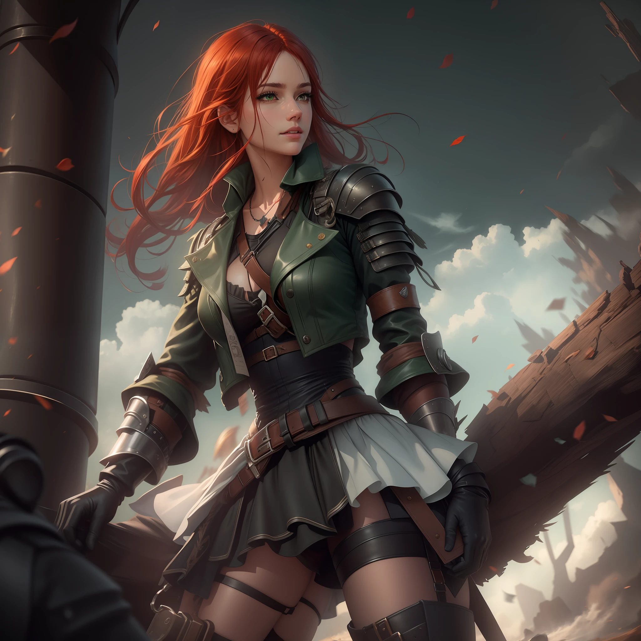 (masterpiece: 1.2), (best quality: 1.2), (highly detailed: 1.3), highres, best illustration, 4k, perfect lighting, battlefield, wind breeze, full body, full body shot, solo, 1girl, perfect anatomy, perfect face, red hair, hair braid, detailed armor, leather skirt, garter feel, black gloves, cleavage, female boots, hard , closed mouth, green iris, looking at viewer, perfect lighting, epic realism
