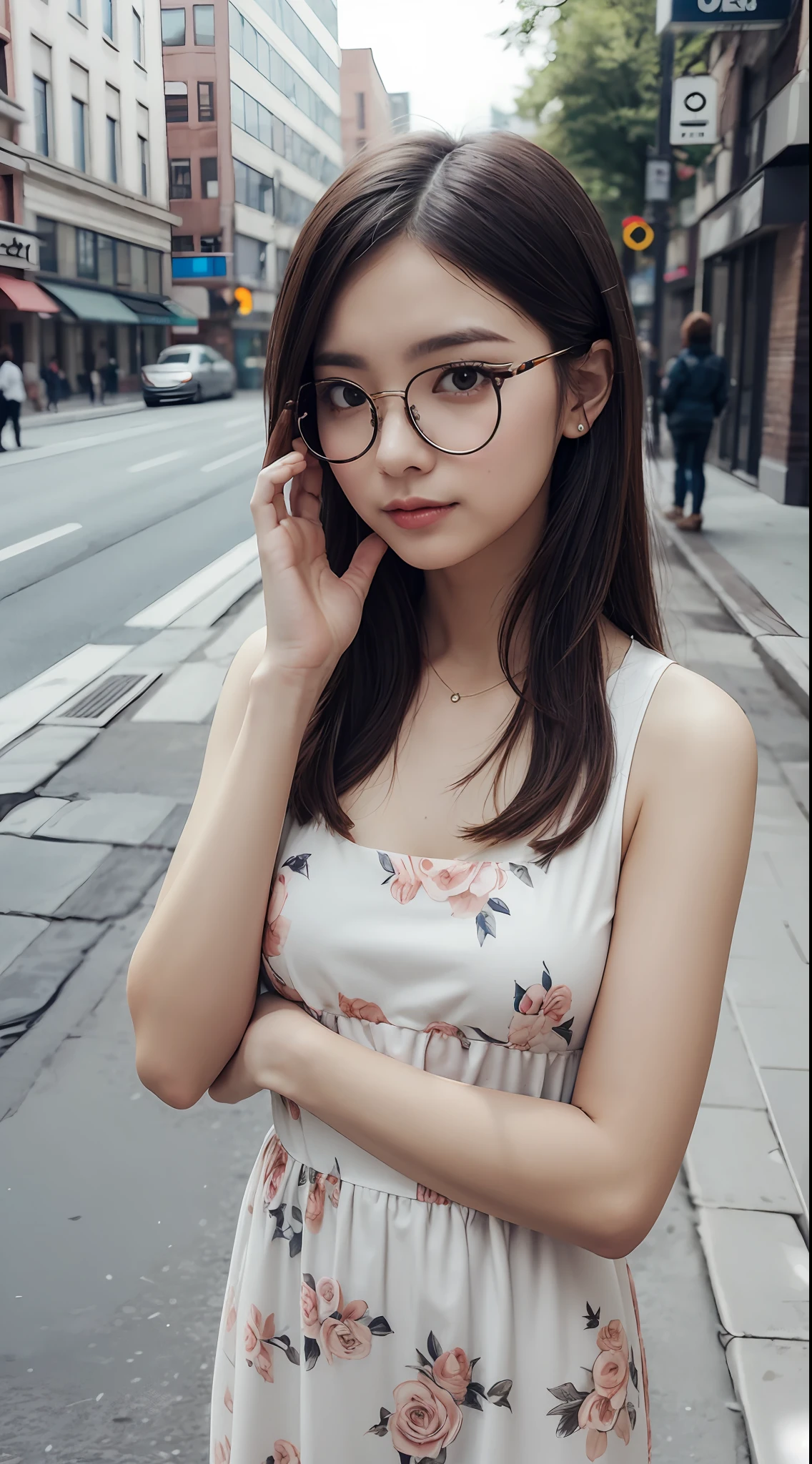 (RAW photos,best qualtiy),(realisticlying,photograph realistic:1.3),Extremely Delicately Beautiful,astounding,finedetail,tmasterpiece,hyper-detailing,A high resolution,(best shadow),
Sharp focus, volume fog, 8K UHD, digital SLR camera, high high quality, 富士XT3,
A woman wearing glasses and a floral dress poses for a photo in the street,hand on the head,eye glass,a drawing,aestheticism