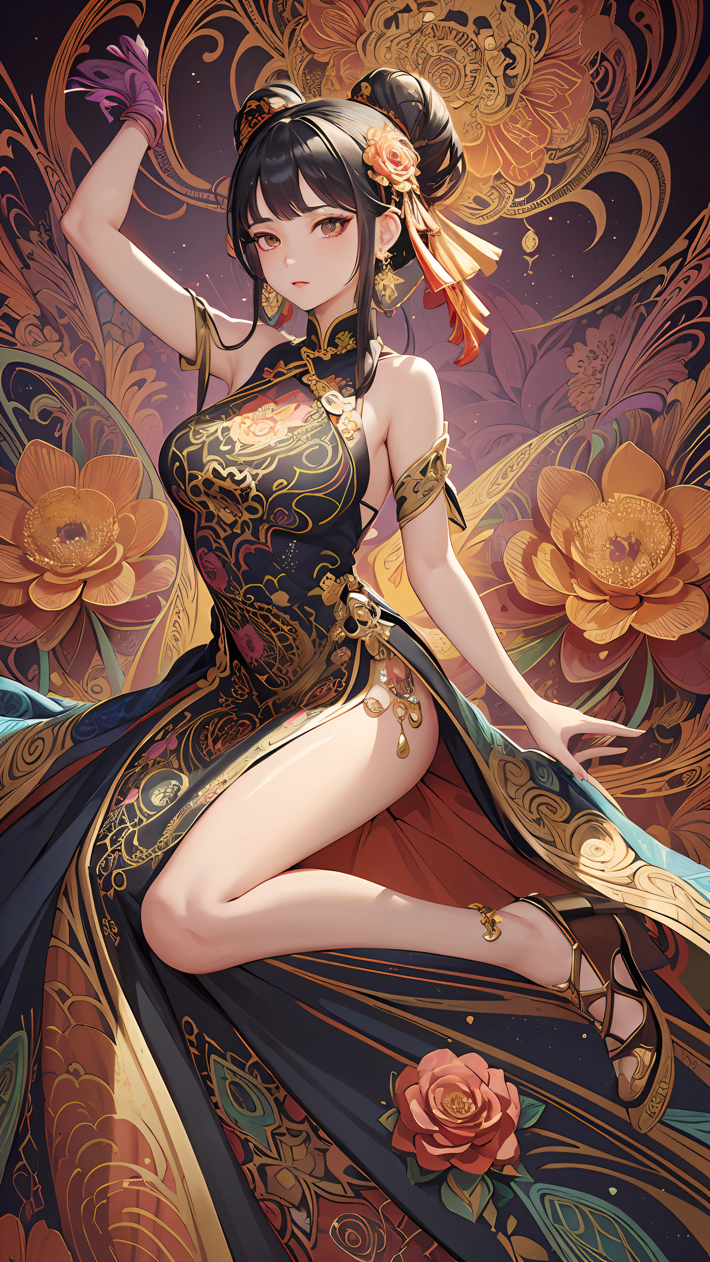 (masterpiece, top quality, best quality, official art, beautiful and aesthetic:1.2), (1girl:1.3), extremely detailed,(fractal art:1.1),(colorful:1.1)(flowers:1.3),highest detailed,(zentangle:1.2), (dynamic pose), (abstract background:1.3), (chinese dress:1.2), (shiny skin), (many colors:1.4), ,(earrings:1.4),