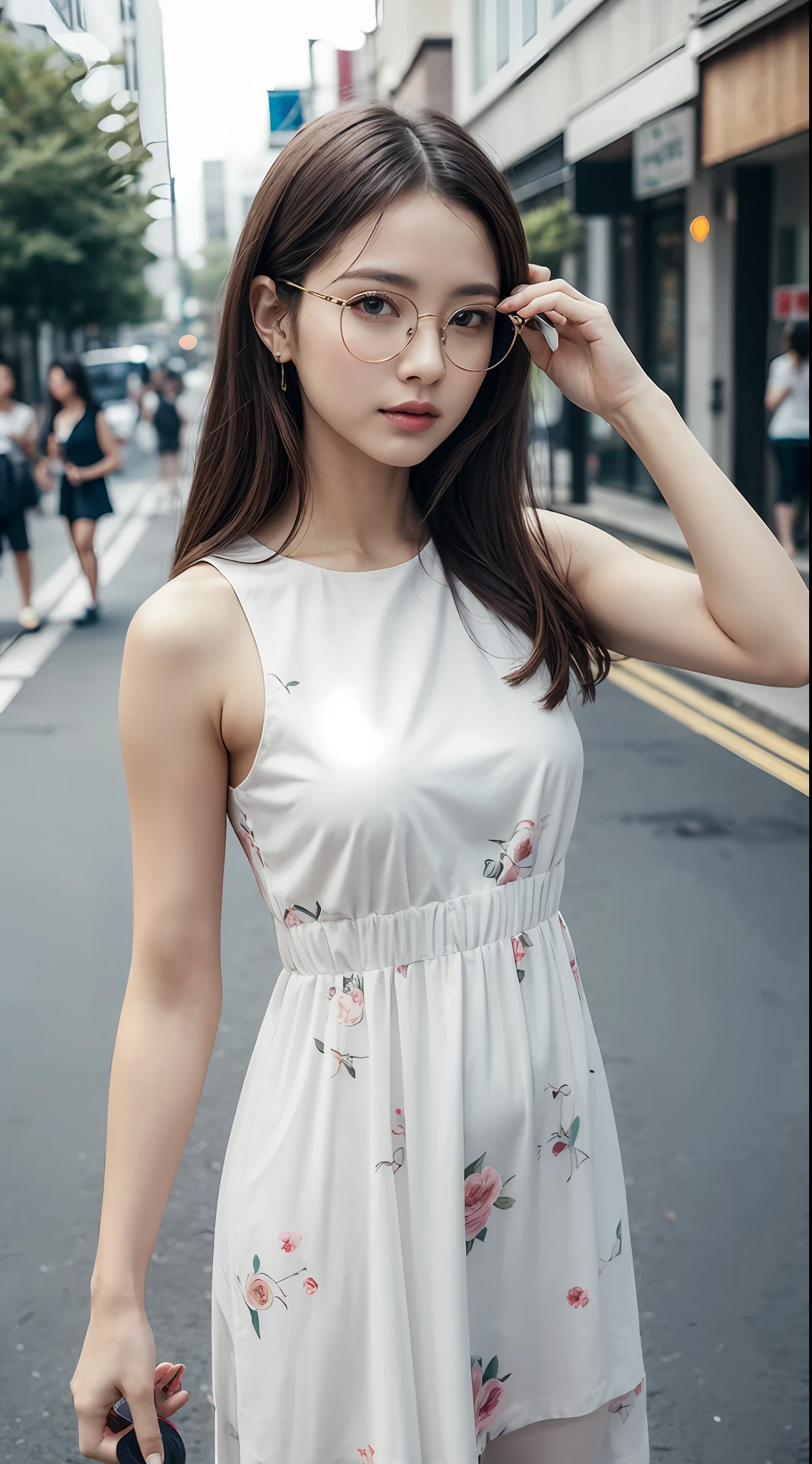 (RAW photos,best qualtiy),(realisticlying,photograph realistic:1.3),Extremely Delicately Beautiful,astounding,finedetail,tmasterpiece,hyper-detailing,A high resolution,(best shadow),
Sharp focus, volume fog, 8K UHD, digital SLR camera, high high quality, 富士XT3,
A woman wearing glasses and a floral dress poses for a photo in the street,hand on the head,eye glass,a drawing,aestheticism