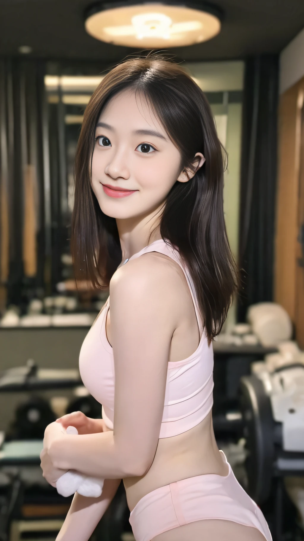 ((best qualtiy, 8k, tmasterpiece:1.3)), ,Focus:1.2, perfect figure beautiful woman:1.4, Cocked buttocks:1.2, ((Cut hair in layers:1.2)), , (dark Street:1.3), Highly detailed facial and skin texture, full bodyesbian,A detailed eye, 二重まぶた，Whiten skin，long whitr hair,(with a round face:1.5),(Yoga Wear：1.6)。Smile at the gym late at night。