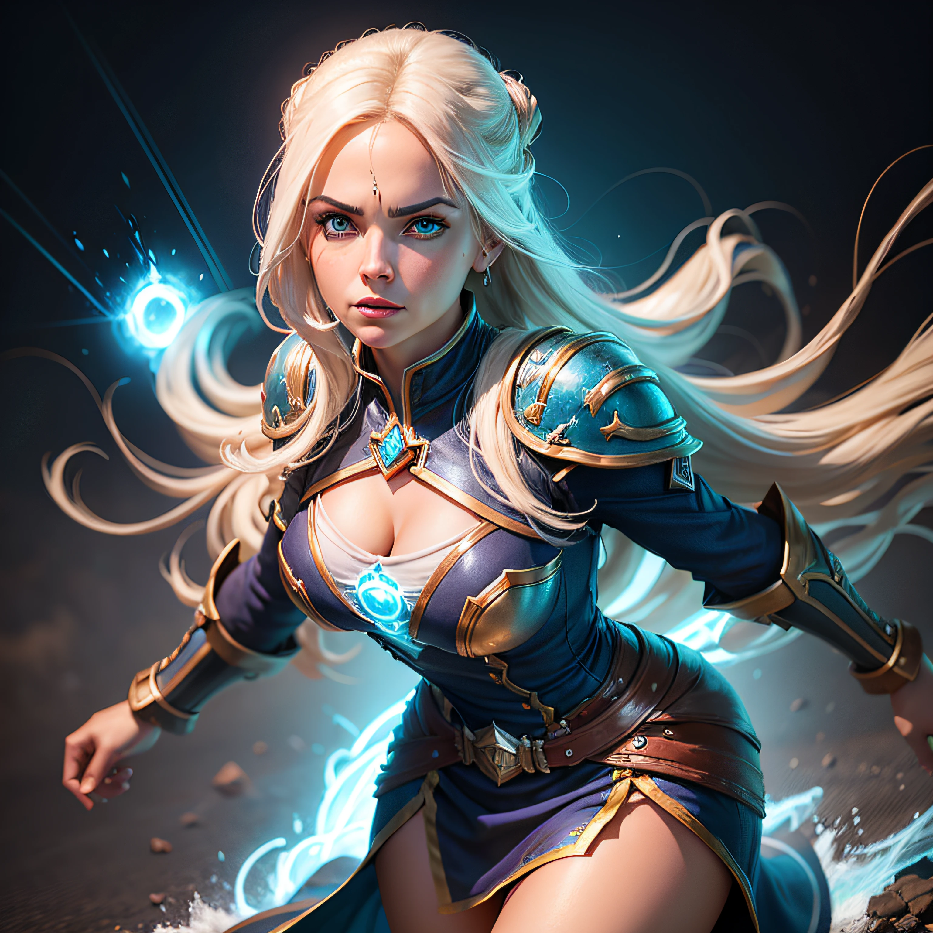 retrato, 3d female, 35 years old, serious and powerful face, corpo completo, Jaina Proudmoore, cenario, Mundo Warcraft, olhos brilhantes em azul, nevoa de ar gelado se movendo ao seu redor, melhor qualidade, master part, Realistic --auto