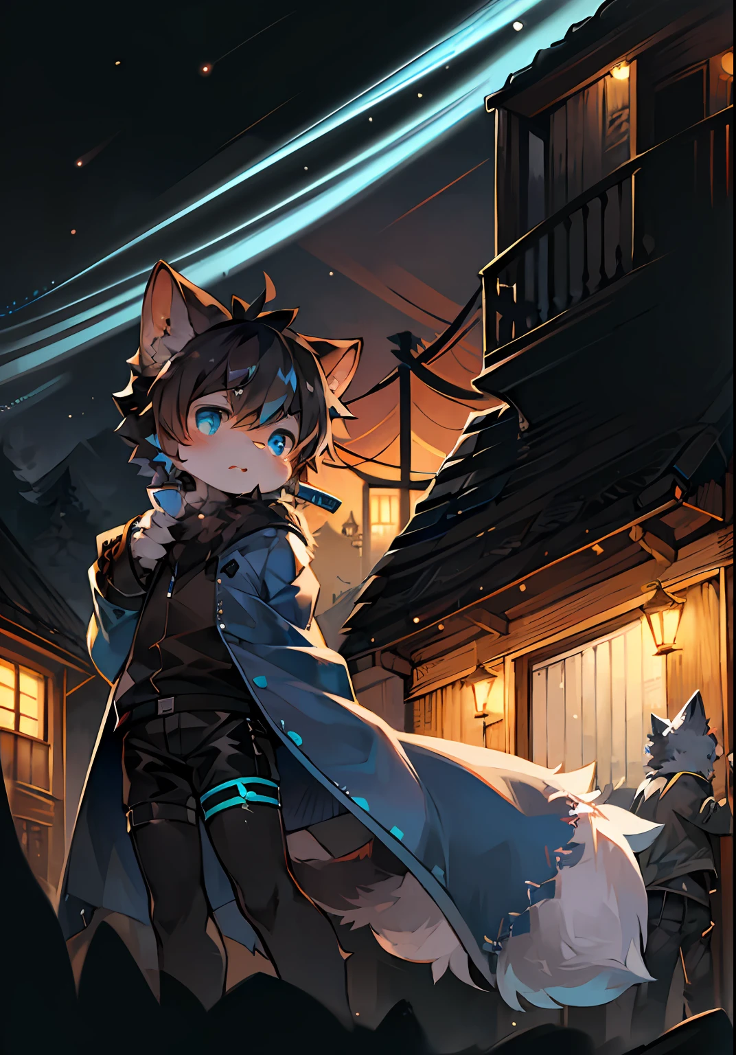 (ambiente dark:0.8),masterpiece,high quality,abstract res,digital painting\(artwork\), by dagasi, yupa,kiyosan,(anthro,fluffy fur,character focus:1.1),anthro male cat,short hair,portrait , eyes with brightness, in a panoramic view, Character focus.(detailedbackground:0.7), 独奏, shaggy, shaggy male, malefocus, anthr,(Full Body Furry, Fluffy tail, grey fur, blue color eyes, black color hair:1.2), (long canines），