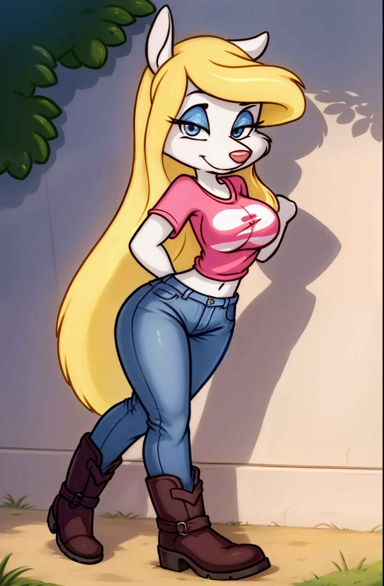 1girl, MinervaMinkCzar,(peludo, furry female, corpo inteiro), (orelhas de animais, cauda longa, cauda loira, focinho, franja varrida, cabelo longo, cabelo loiro, maquiagem, olhos pretos, sombra azul) Denim Jeans Pants, camiseta, batom, botas altas