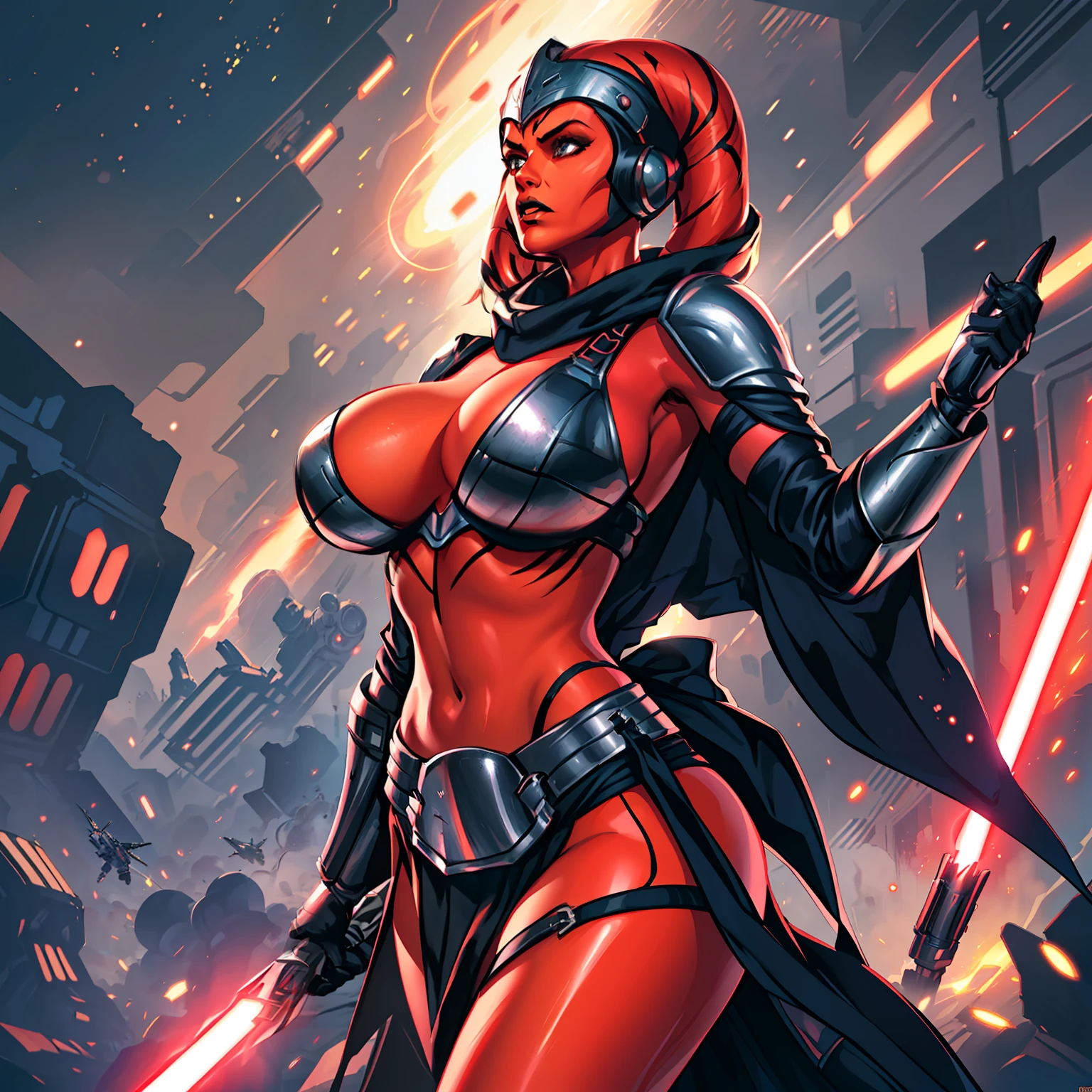 action scene, lightsaber fighting, lasers, explosions, fire, motion lines, depth of field, masterpiece, best quality, high-definition, armor, busty, ((red skin), twi'lek), dual red lightsabers, evil space knight, space ninja, (wearing black robes, black stealth armor, breastplate, tunic, tabard, cowl, cloak, body glove, straps, buckles, skirts, long sleeves, fantasy, ((armor))), ((busty), slender body, thin, slim sexy body, slim waist, (((huge breasts, gigantic breasts)))), Imperial starship, Star Wars,