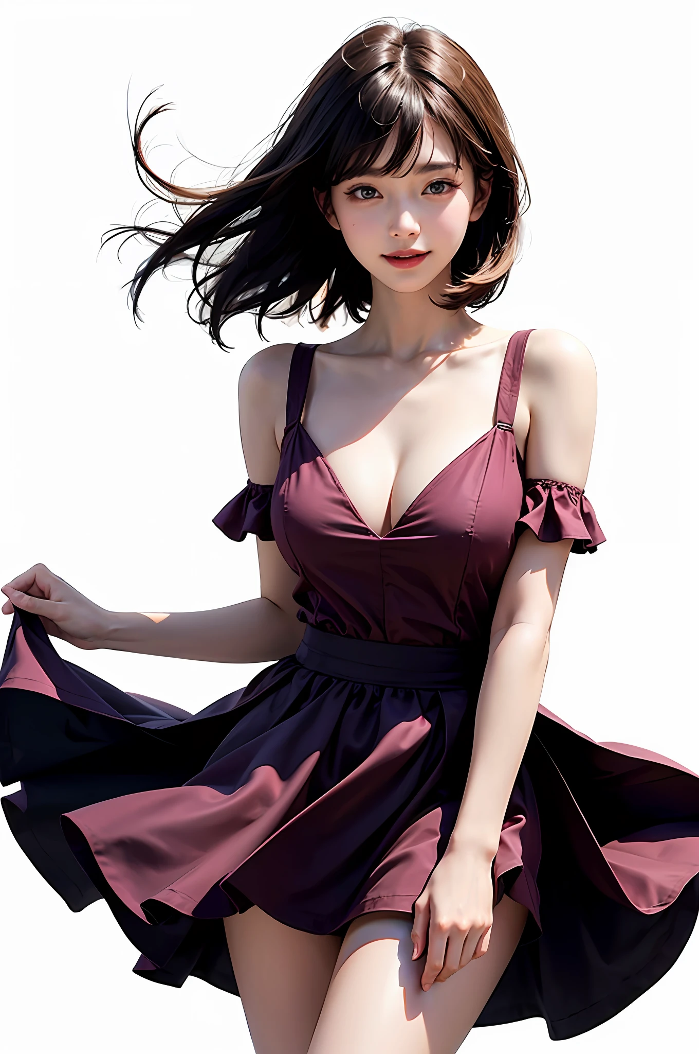 (8K)、(Top image quality:1.2)、(reallistic)、(Photorealsitic:1.37)、((Immaculate white background with nothing really、Immaculate white background with nothing really))、The ultra -The high-definition、1girll、190cm Supermodel、Colossal tits、cute little、A smile、a closed mouth、Beautiful details、Beautiful nose in every detail、full body Esbian、clean short hair with bangs、Colossal Dalsepho、pork meat、student clothes、thighs thighs thighs thighs、Hair that flutters in the wind、A skirt that flutters in the wind