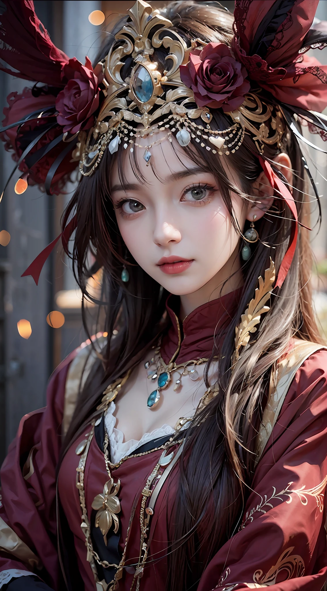 A beautiful young woman poses outside,A half body,dreamy hazy,In the style of Kawacy, Dark red and light black,webcam photography, Detailed costumes, Rodenstock Imagon 300mm F/5.8, Realistic impressions,soothing tones,pastel colour,