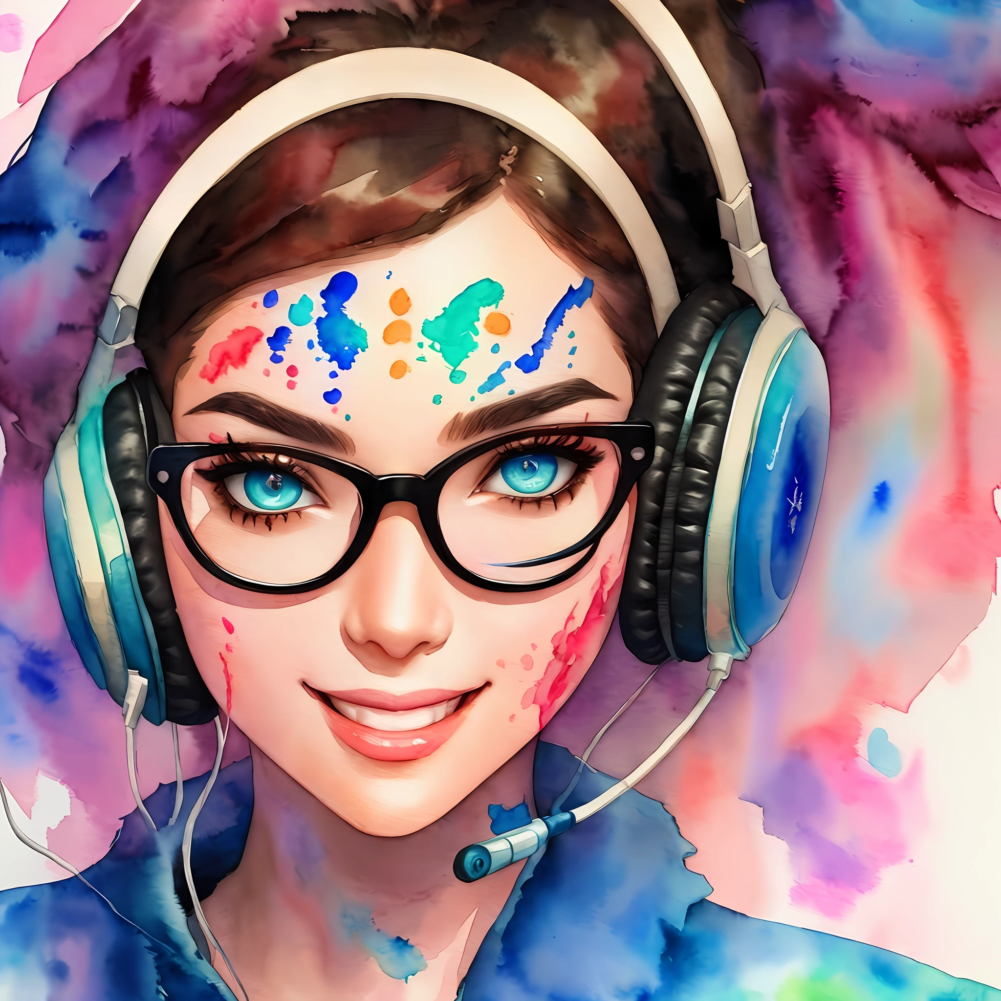 wtrcolor style, Digital art of (Retrowave bunny girl with glasses and headphone character design), official art, frontal, smiling, masterpiece, Beautiful, ((watercolor)), face paint, paint splatter, intricate details. Highly detailed, detailed eyes, [dripping:0.5], Trending on artstation, by Rachel Walker --auto
