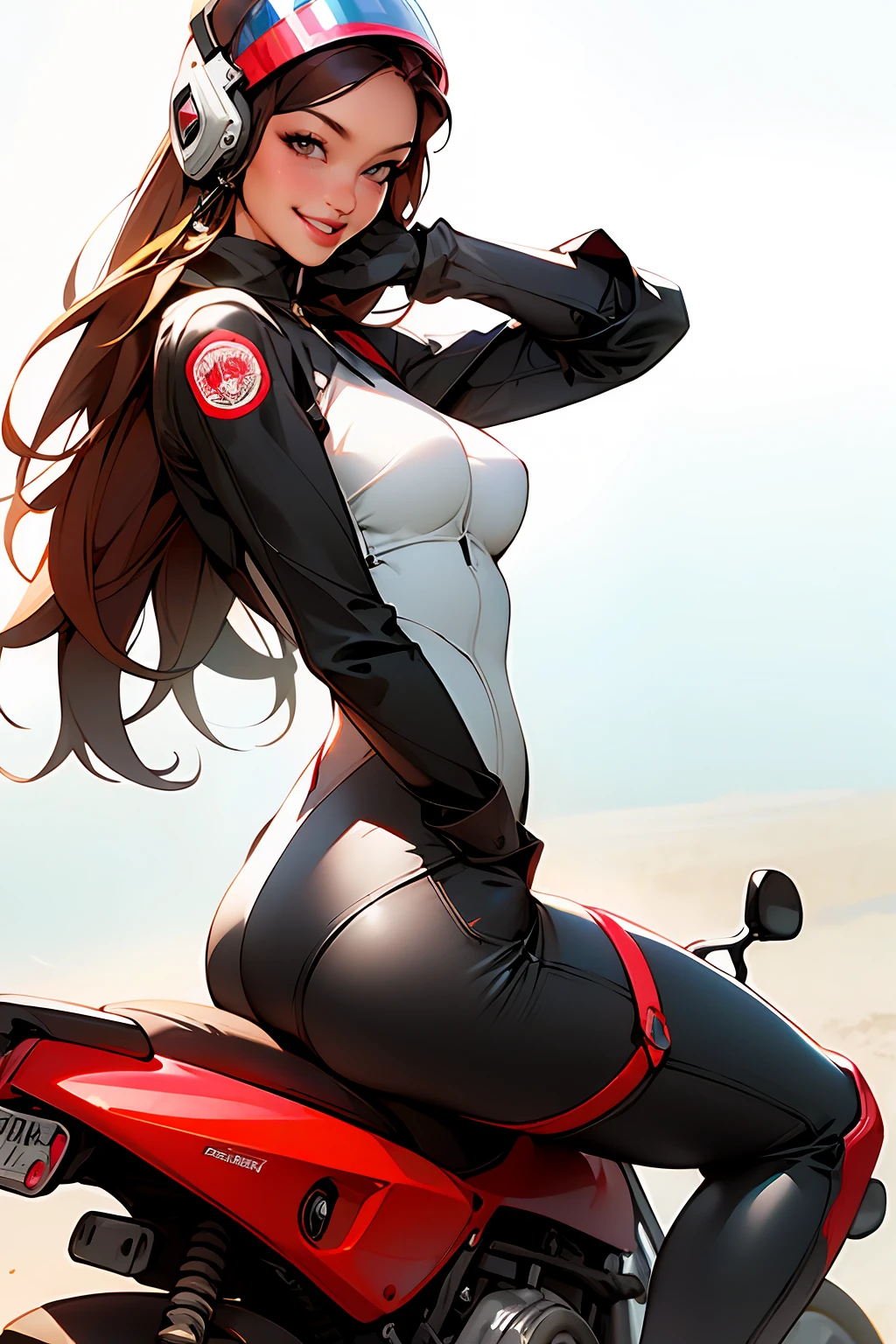 masterpiece, (masterpiece, top quality, best quality),1girl, solo, bodysuit, breasts, long hair, white background, smile, simple background, medium breasts, helmet, looking at viewer, skin tight, sitting, lips, blue bodysuit, motorcycle, black gloves, gloves