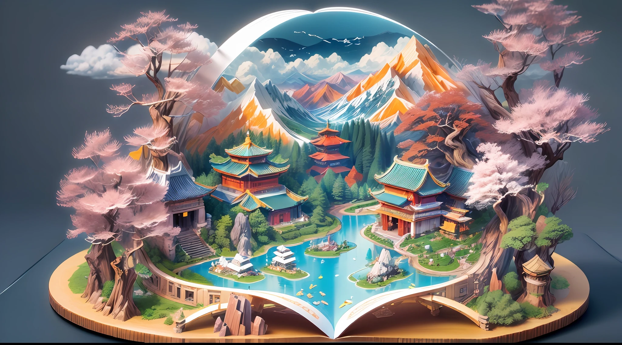 (isometric，popup book:1.5)，(Chinese Scenery in Spring，Sun, white clouds, mountains, forests, rivers，Oriental elements)，(3d, extremely colorful, Best quality, Detailed details, Masterpiece, offcial art, movie light effect, 4K, Chiaroscuro)