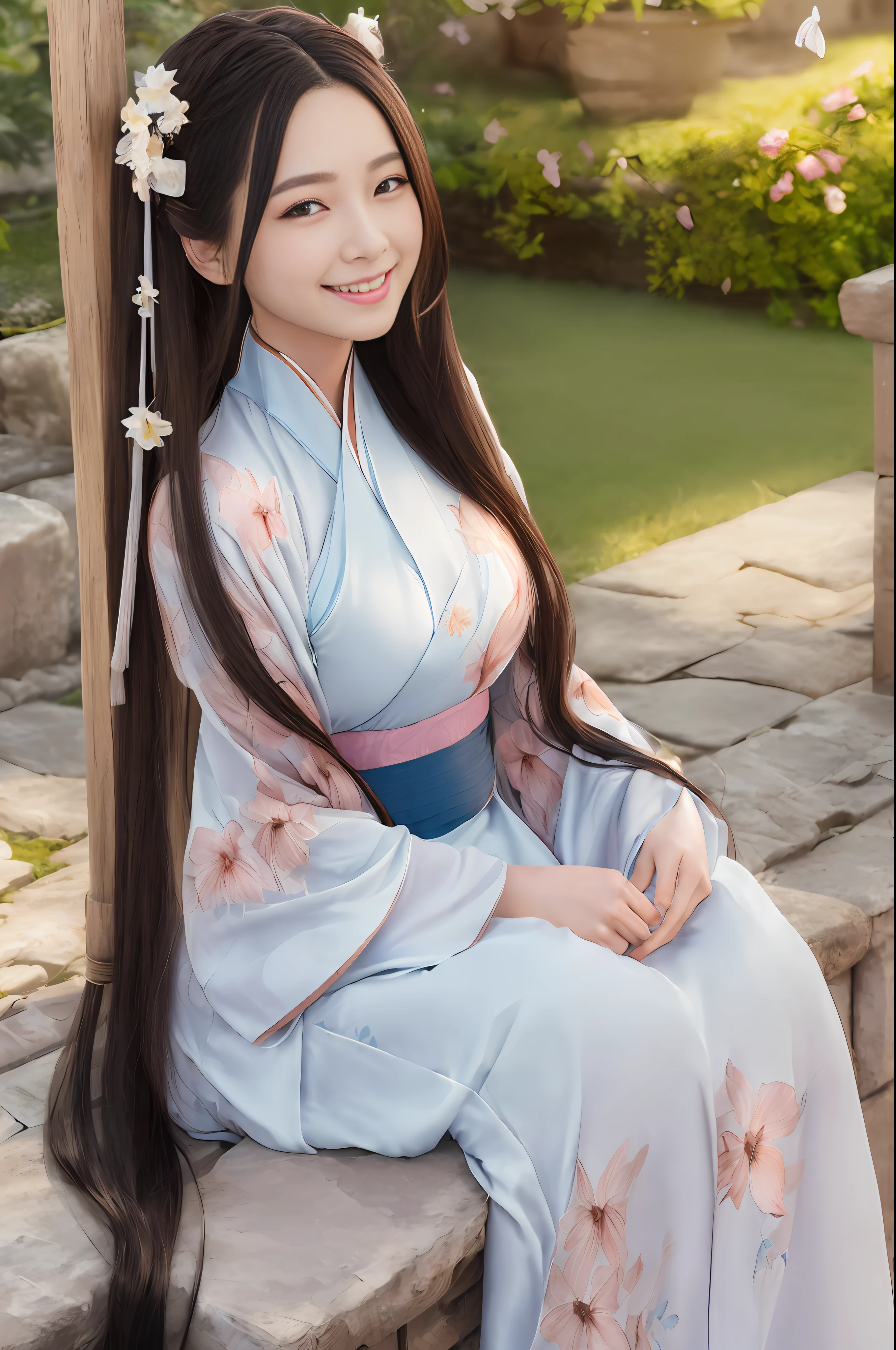 ultra realistic 8k cg, perfect artwork, sun lights, (looking at viewer), masterpiece, (picture-perfect face:1.2), (beautiful face:1.2), exquisite facial features, happy, medium breast, (finely detailed beautiful eyes:1.2), 15yo, solo, bloom, wide hips, slim, blushing, 3d background, flowers, (smile:1.3), long black hair, chinese girl, (Long hair fluttering:1.3), hanfu, full body,