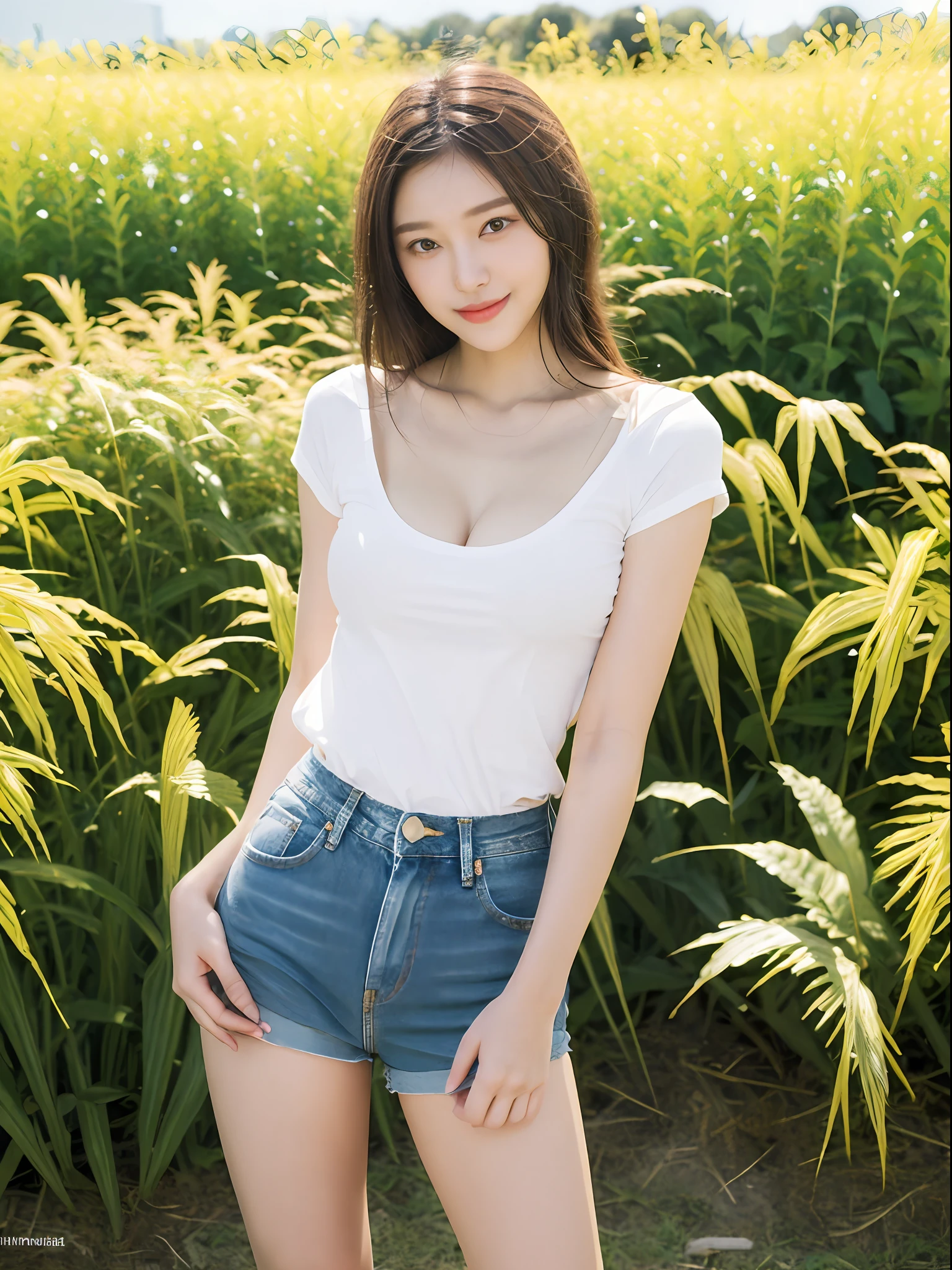 ((Best picture quality, 8K, tmasterpiece:1.3))，((1个Giant Breast Girl))，A small braid，Ultra-fine face，A detailed eye，ssmile，Small chest，Slender abs，Legs are very thin and long，The butt is upturned，((White T-beam，tight denim shorts，White sneakers，Yellow cornfield in the background))，