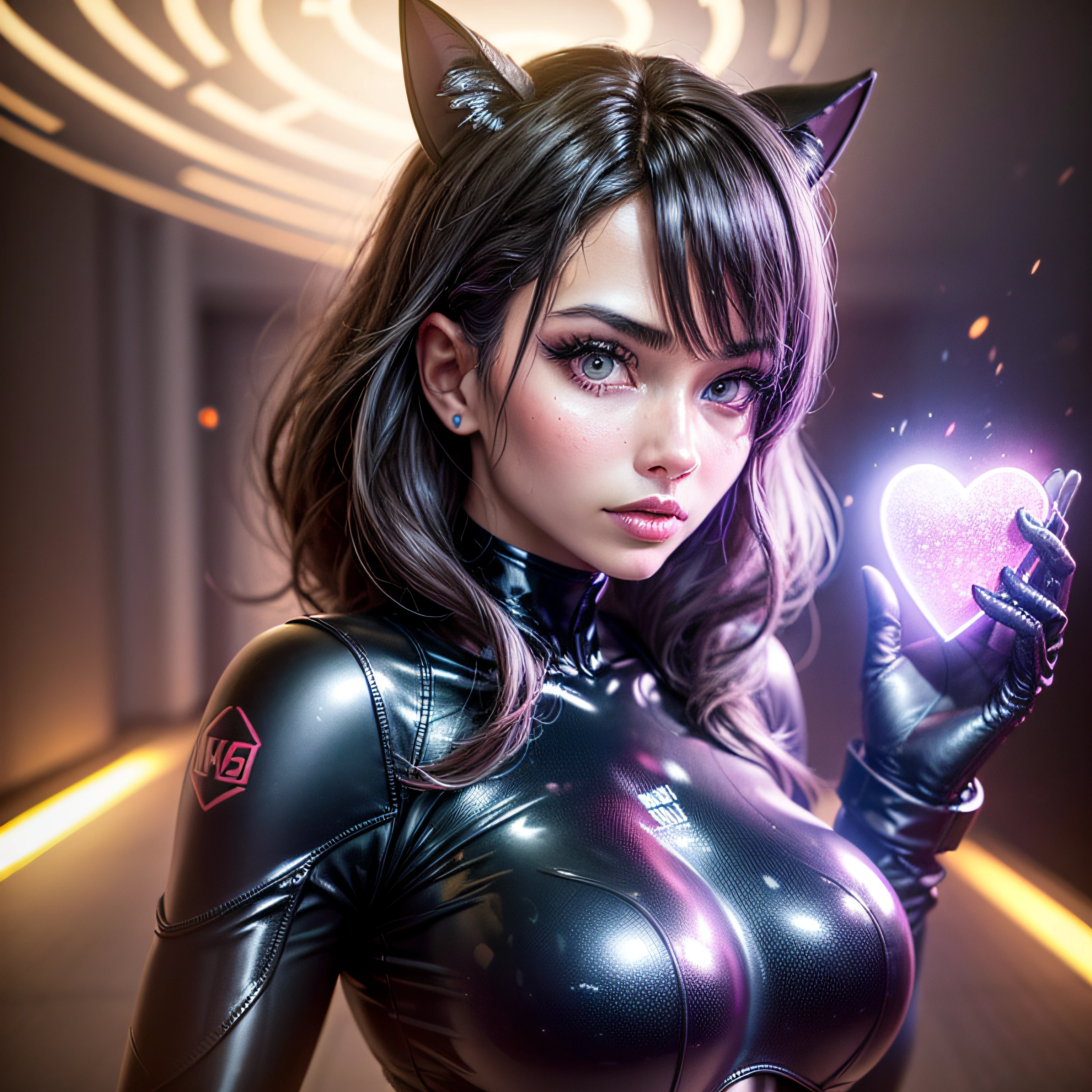 Beautiful black latex woman, olhos azuis, coberta com rosas vermelhas iluminadas, bright blue white glowing heart, visible from human, noite, Colouring, photography hyper-detailed cinematic hdr lighting, softbox lighting, Detalhe extremo, 8k, 3D-rendering, Hiper realista, NVIDIA,