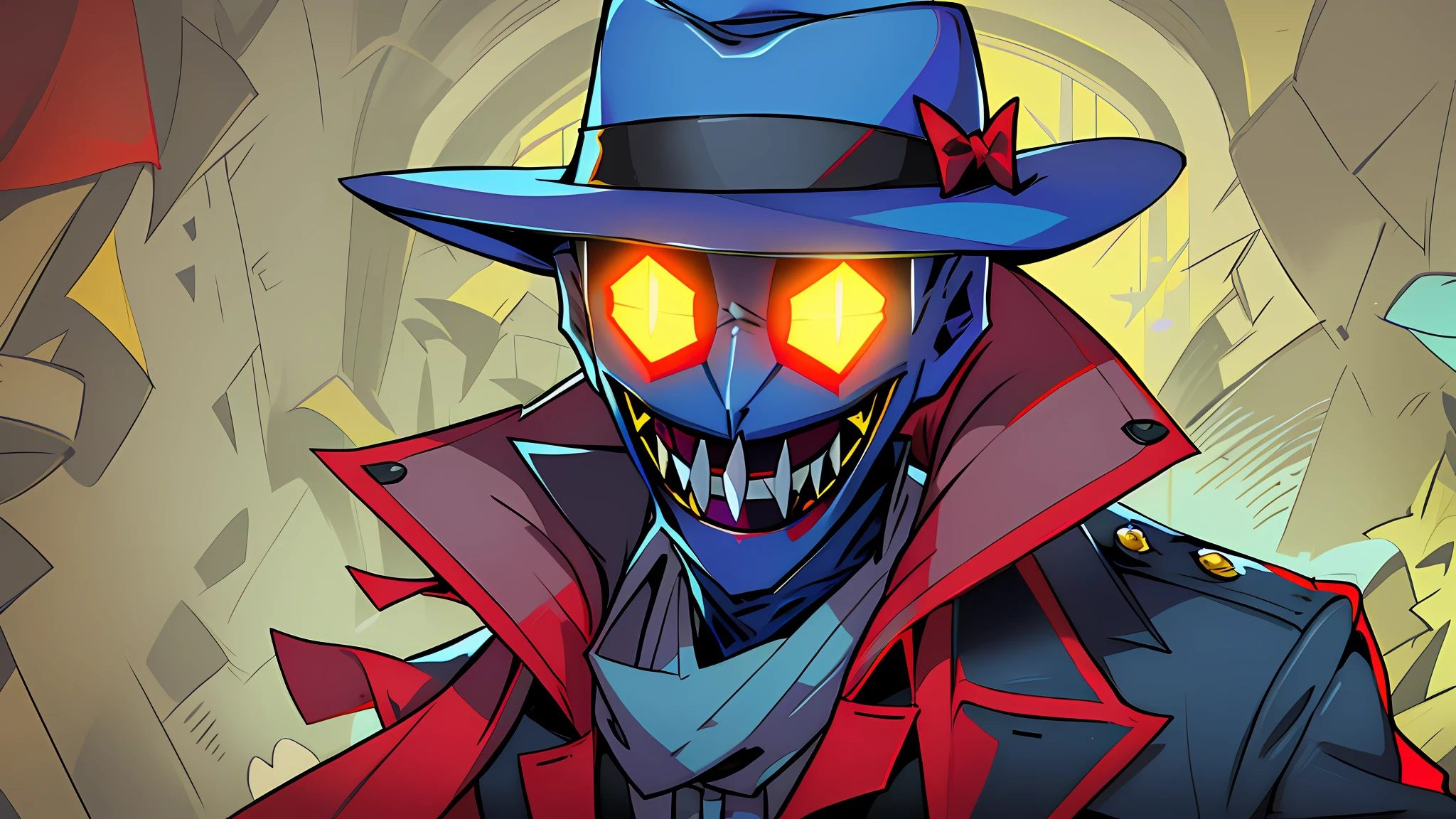 A guy who has no face, no eyes or nose, but has a mouth full of sharp teeth, he wears a blue overcoat, yellow fedora and a red scarf around his neck. Helluva boss Style, Hazbin hotel Style, his skin is flourescent blue.