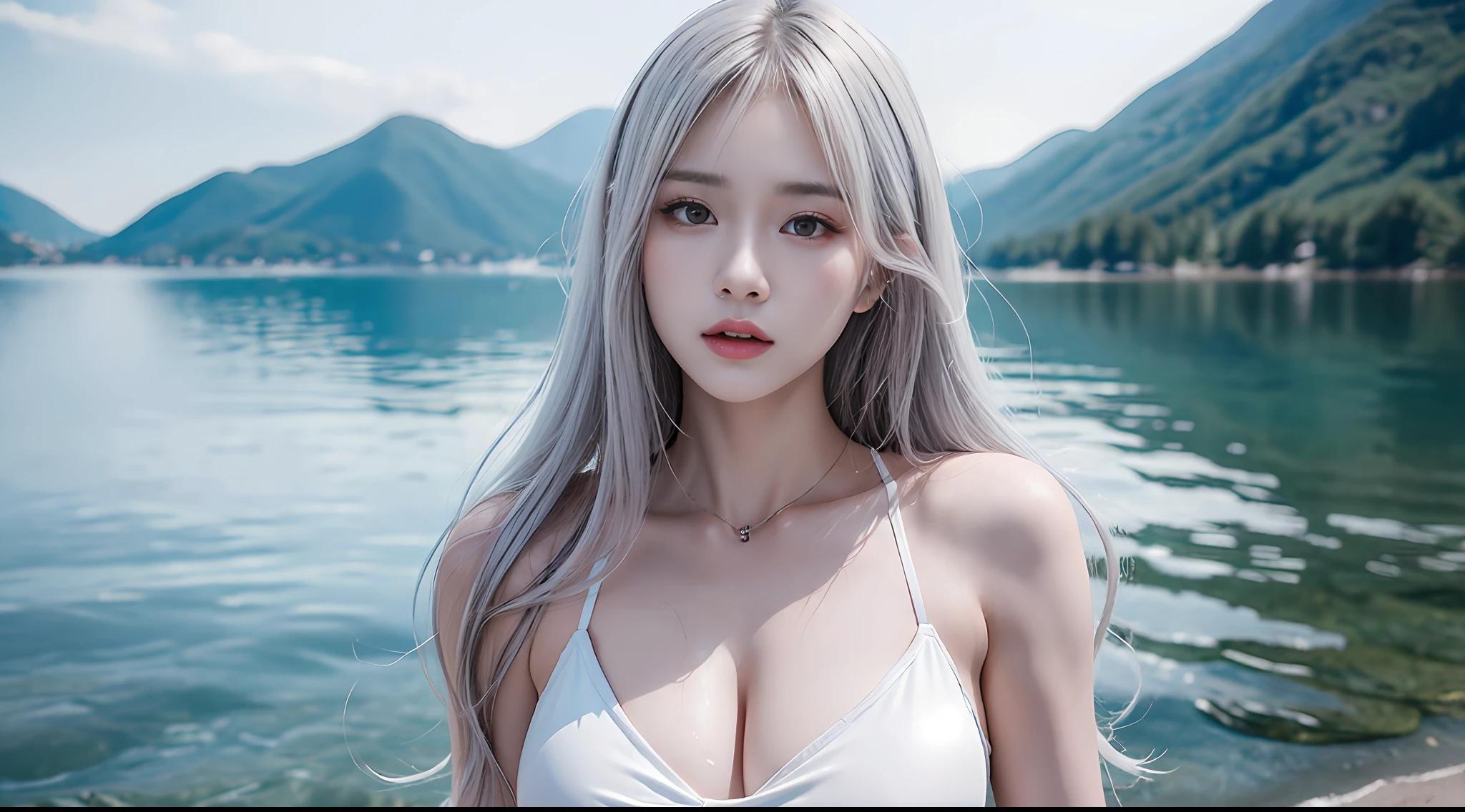8K, Super realistic photo stunning anthropomorphic female dragon beautiful gorgeous, In swimsuits, Located on the lake, White hair, Wavy hair, Ultra-radiant skin, Wet_skin, The stunning composition evokes a sense of admiration, Ultra-realistic and ultra-detailed, Hyper-emotional, Epic cinematic lighting, 32K Ultra HD resolution, Shot on the Hasselblad H6D 400c multi-shot, Midacom Speedmaster 35mm f 1. 2 XCD --Style Expressiveness --ar 1:2 --upanime --niji 5 --q 3