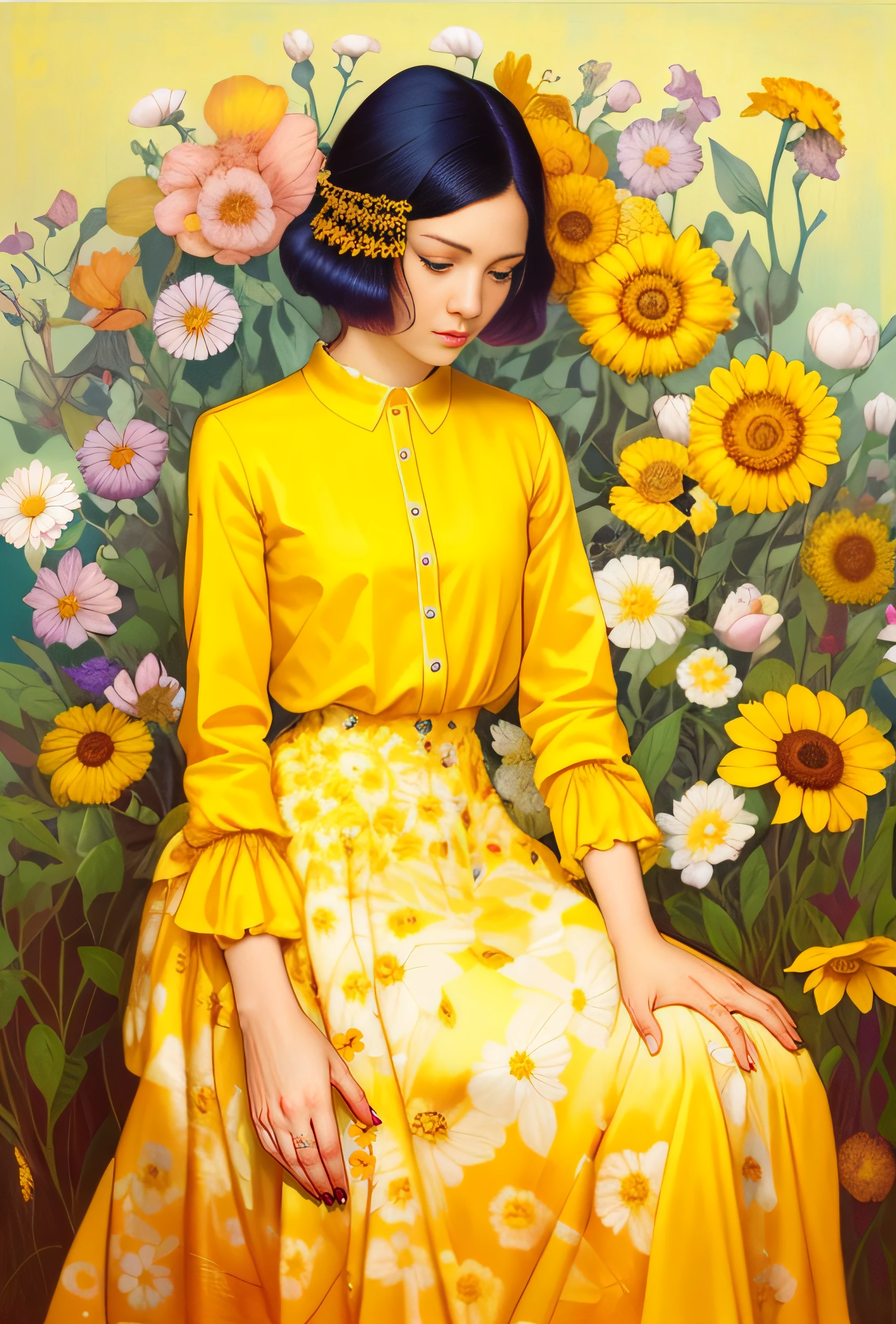 Pintura de una mujer con un vestido amarillo sentada en un campo de flores, James Jean Andrei Riabovitchev, Hermosa mujer amarilla, por Audrey Kawasaki, inspirado por James C. Christensen, por Martine Johanna, Mucha Klimt y Tom Bagshaw, por Ayami Kojima, James Jean y Wlop, inspirado por James Jean, James Jean », James Jean Marc