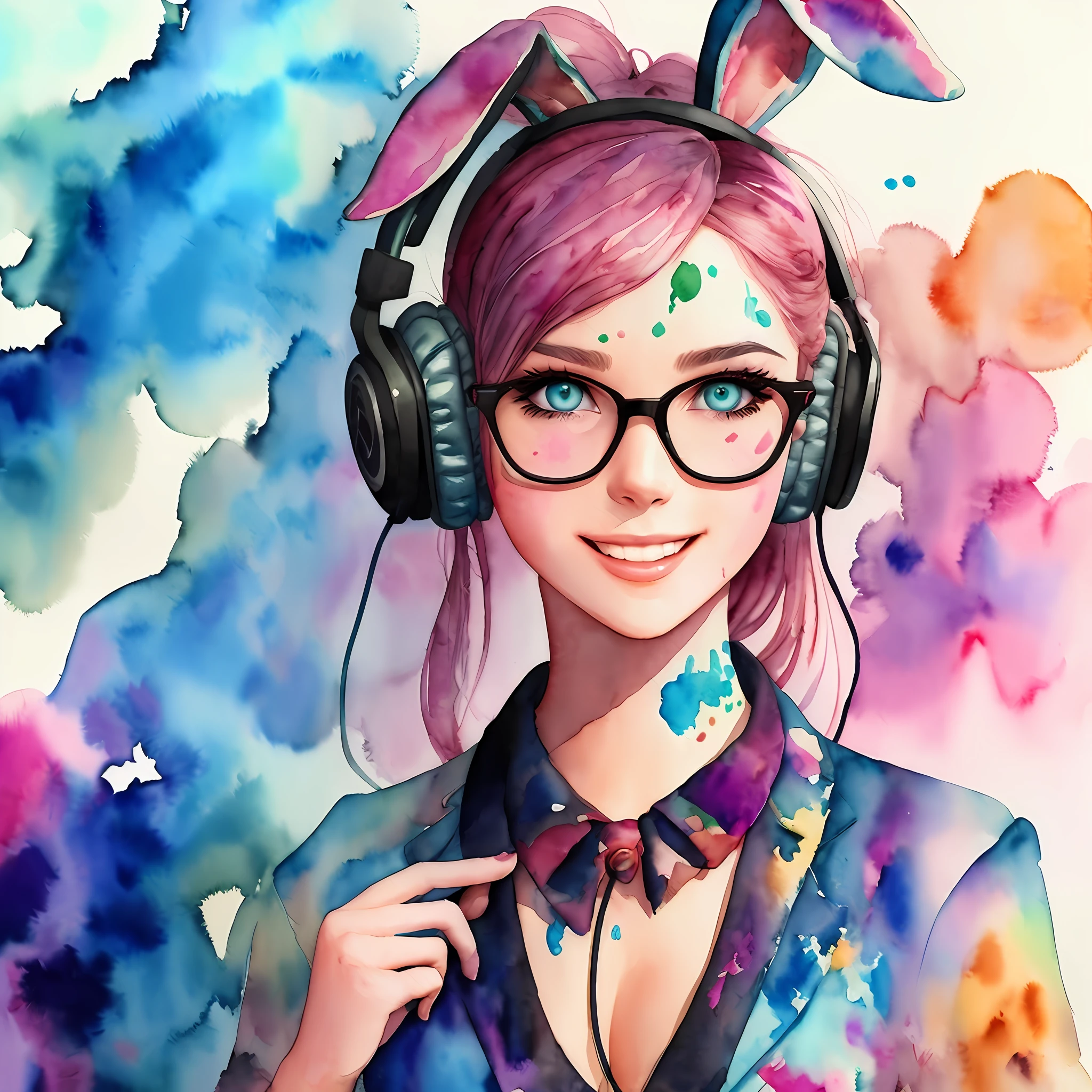 wtrcolor style, Digital art of (Retrowave bunny girl with glasses and headphone character design), official art, frontal, smiling, masterpiece, Beautiful, ((watercolor)), face paint, paint splatter, intricate details. Highly detailed, detailed eyes, [dripping:0.5], Trending on artstation, by Rachel Walker --auto