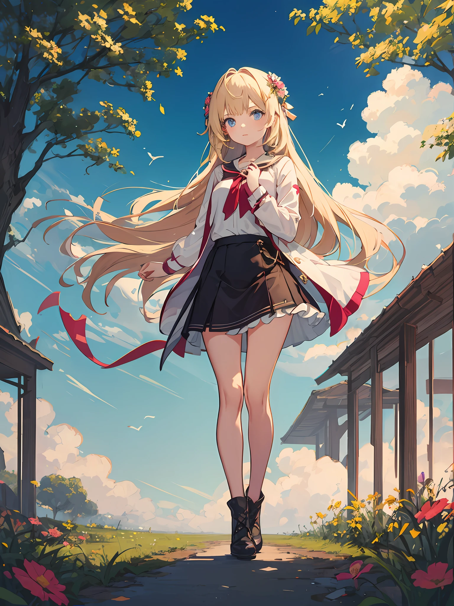 Masterpiece, best quality, girl in soft clothes, girl looking at the endless flower field