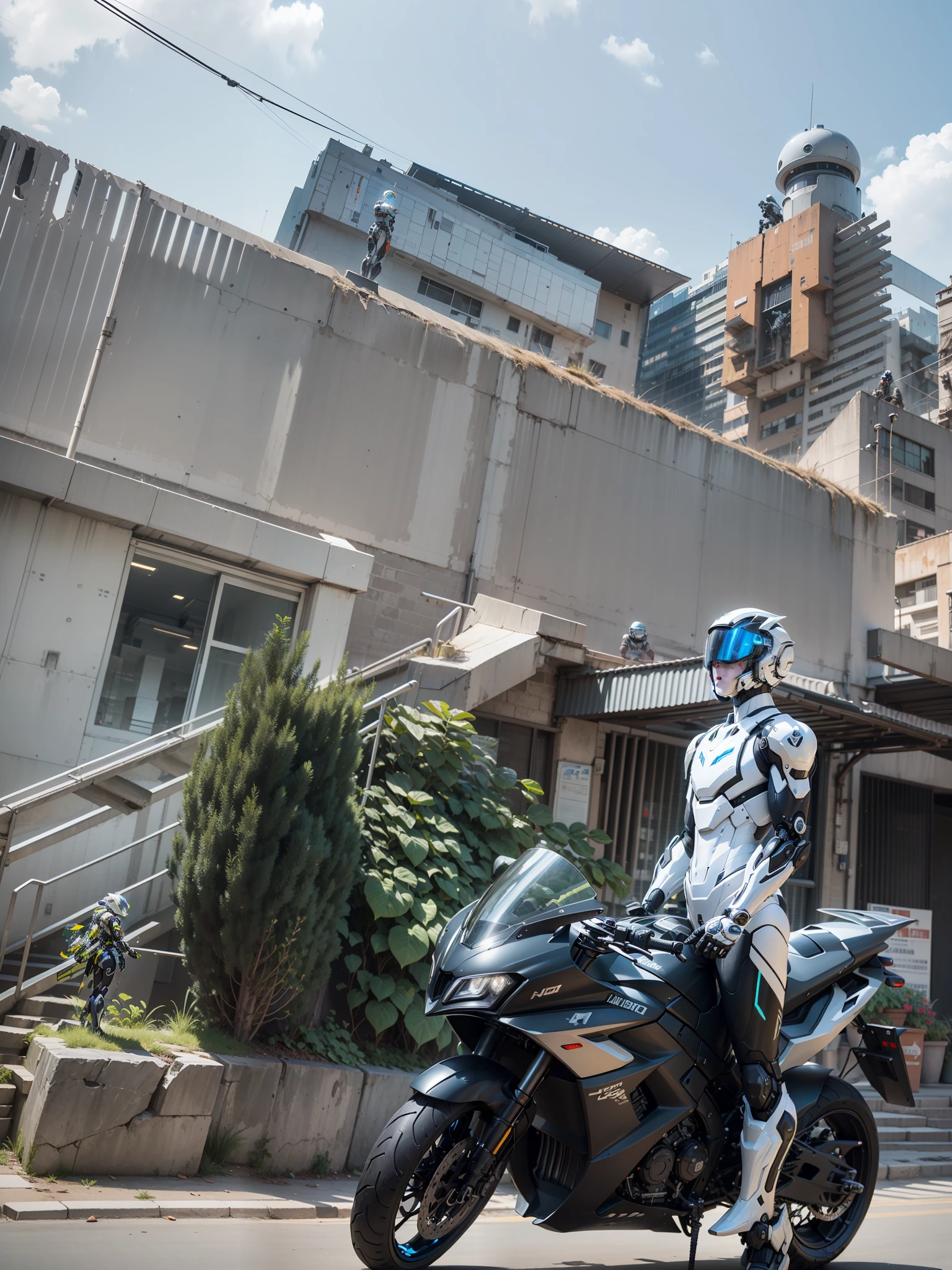 Handsome full body black mecha white short hair cyber handsome warrior, black cyber mechanical motorcycle, high-tech black full surround helmet, white short hair, Nousr, biomechanics, MSHN robot man, high-tech helmet, surreal, steel, complex design, crazy details, fine details, extremely clear lines, cinematic lighting, photo realism, detailed masterpiece