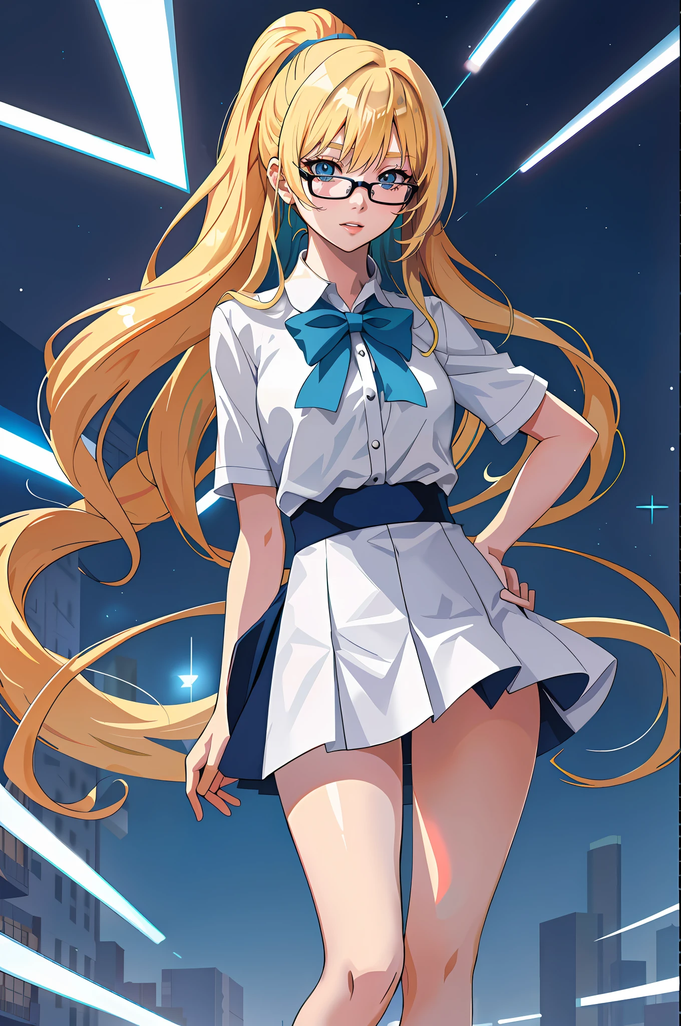 anime girl with long blonde hair and glasses standing in front of a city, blonde anime girl with long hair, anime moe artstyle, ilya kuvshinov with long hair, anime girl with long hair, marin kitagawa fanart, cushart krenz key art feminine, beautiful anime high school girl, trending on artstation pixiv, zerochan art