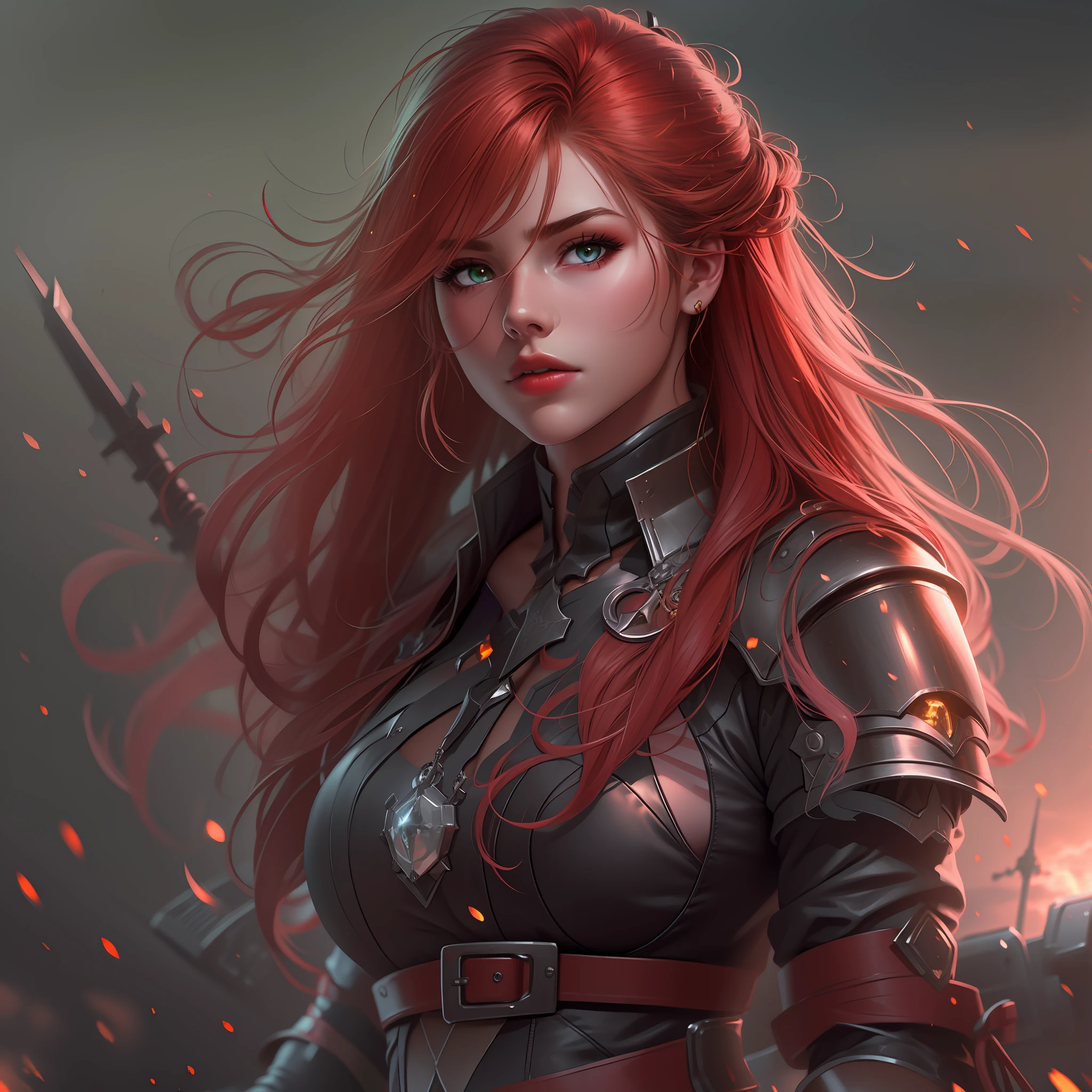 (masterpiece: 1.2), (best quality: 1.2), (highly detailed: 1.3), highres, best illustration, 4k, perfect lighting, battlefield, wind breeze, full body, full body shot, solo, 1girl, perfect anatomy, perfect face, long red hair, hair braid, detailed armor, leather skirt, garter feel, black gloves, cleavage, female boots, hard , closed mouth, green iris, looking at viewer, perfect lighting, epic realism