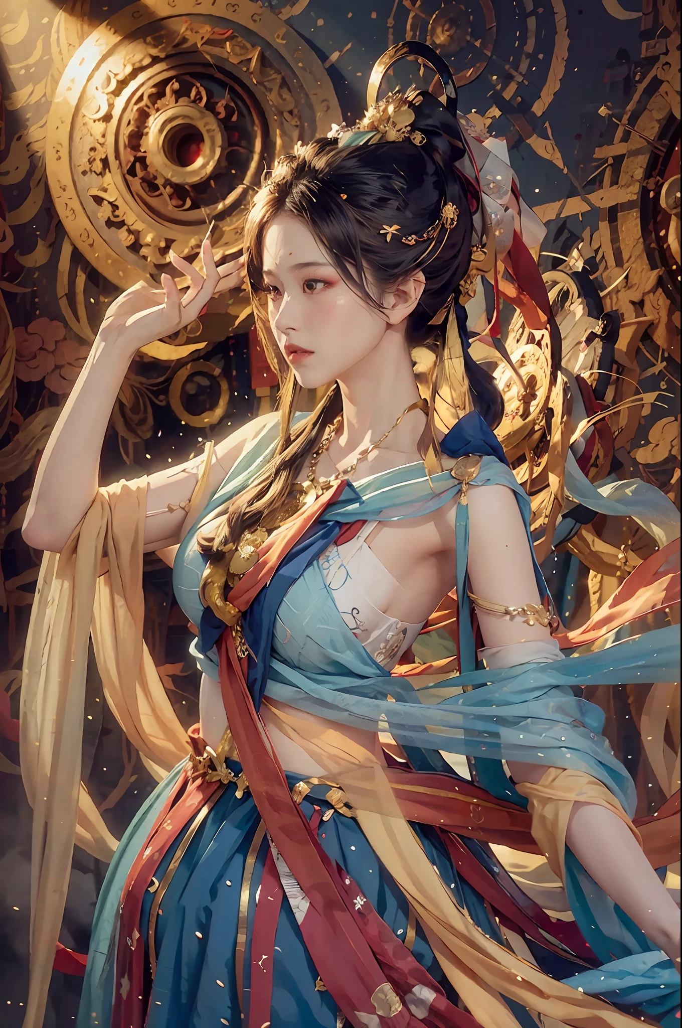 （RAW photos，best qualtiy），（realisticlying，photograph realistic：1.3），best qualtiy，highly  detailed，tmasterpiece，hyper-detailing，illustratio，2girls，Oriental costumes，upper_body，dynamic angle，Masterpiece Theatre of the World，messy_long_hair，best qualtiy，extremely detailed CG unity 8k wal，ink，astounding，cinmatic lighting，lens_flare，，dunhuang_style