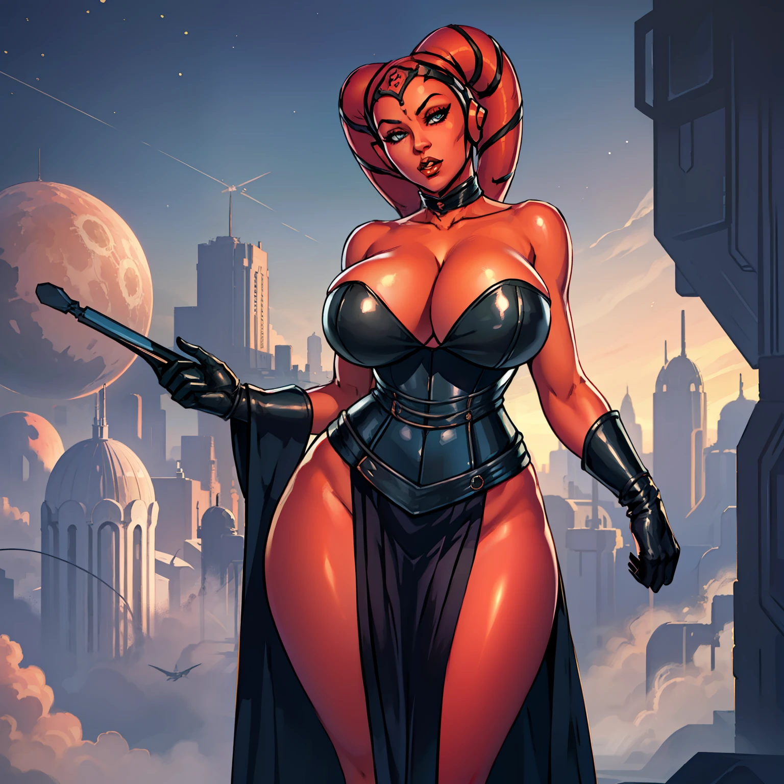 sexy black dress, busty, ((red skin), twi'lek), evil space knight, space ninja, (black elegant gown, corset, evening dress, strapless, sleeveless, huge cleavage, cleavage, long skirts, fantasy, ((busty), slender body, thin, slim sexy body, slim waist, ((((huge breasts, large breasts, gigantic breasts))))), Imperial starship, Star Wars,