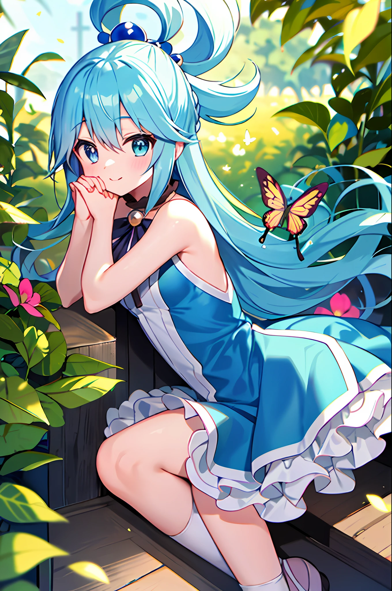 obra-prima, Melhor_qualidade,1Menina (Aqua do anime KonoSuba), sozinho,raposa_Ouvidos, olhos azuis:1.5|olhos azuis:1.1,(cabelo azul 1.2|cabelo azul claro), soft hazelnut eyes, flowing wavy hair, meias de tornozelo, olhando para o espectador, meias brancas, ballet shoes, Vestido de sol pastel, corpo inteiro, jardim de borboletas, surrounded by fluttering butterflies, sunlight filtering through the leaves, serene expression, primavera, hands crossed