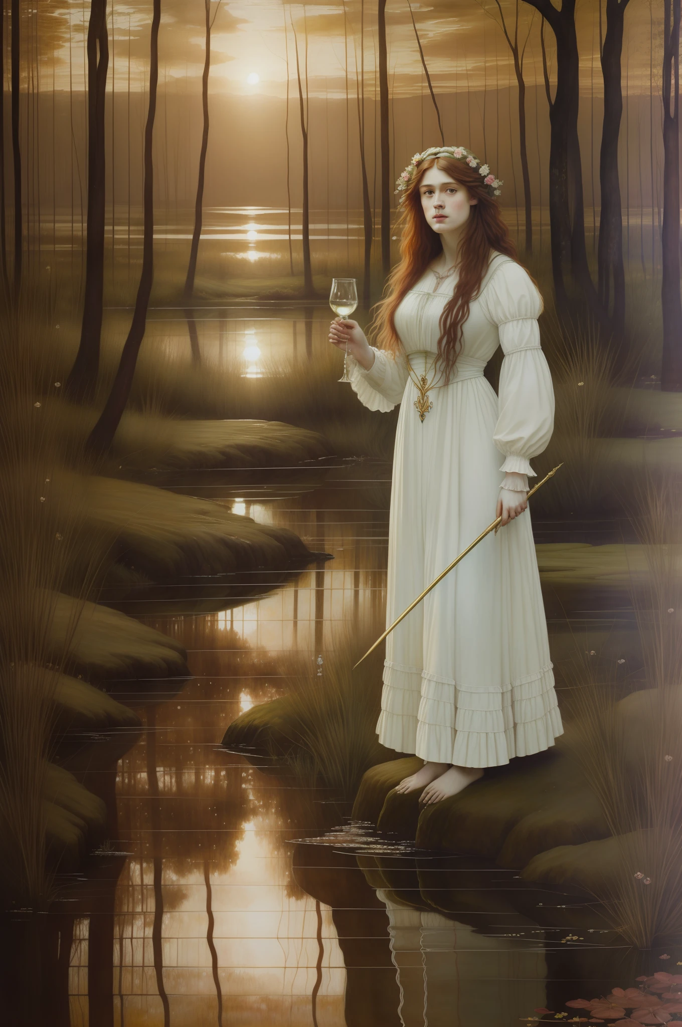 (((Pre-Raphaelite painting))), Portrait of a dead Celtic woman in a floating swamp, salgueiro, salgueiro choroso emaranhado, sun sunset, paisagem celta, Ophelia, Flowing white clothes, holds a golden chalice and a magic wand"