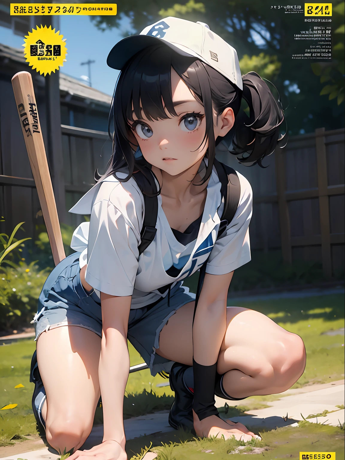 Sweet athletic style,schoolgirls,cabelos preto e longos,Rich expressions,Sky blue loose knit top,White cap,Sky blue high-waisted shorts,Sky blue Martin boots,Holding a wooden baseball bat, pretty face with arms and legs, grassy fields,movie footage,(Magazine cover 1.5)(Japanese text 1.5),Sporty, tmasterpiece,Masterpiece,8K,
