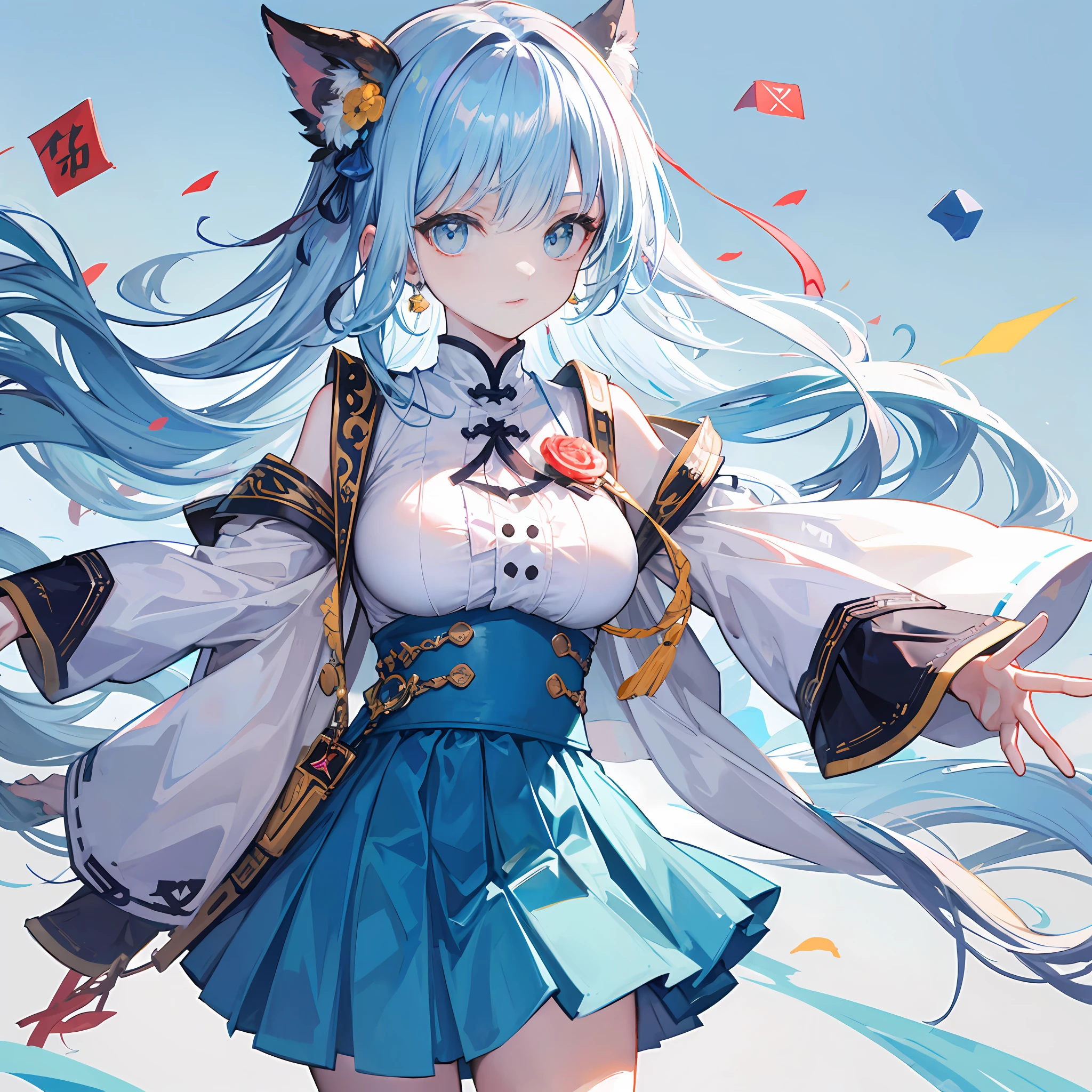 (8K RAW photos,top Quority,tmasterpiece:1.2),(Two-dimensional style:1.37),(white backgrounid,head portrait),1个Giant Breast Girl,Chinese big breasts,18yr old,femele,White melon seed face,long baby blue hair,White color blouse,Light blue JK skirt