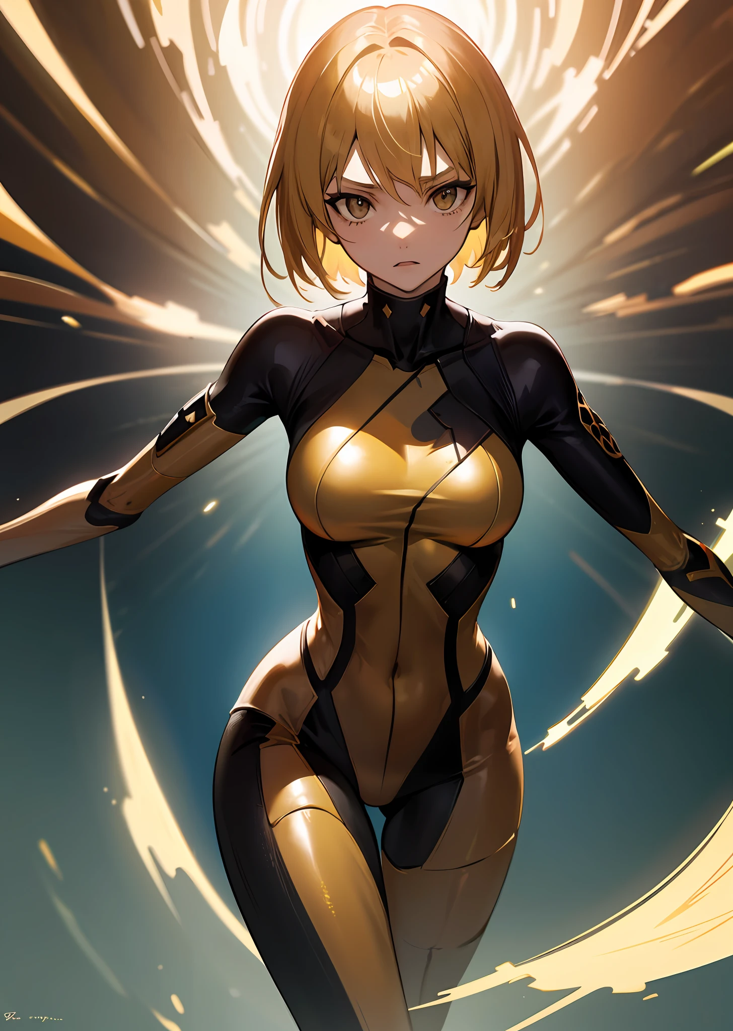 (masutepiece), Best Quality, High resolution, Ultra-detailed, Vivid texture, Stand up to the powerful, A tight bodysuit that emphasizes her gorgeous figure, Dynamic lighting, golden colored/Black contrast, cinematic view, intense emotion, Immersive experience, timeless beauty, Breathtaking.