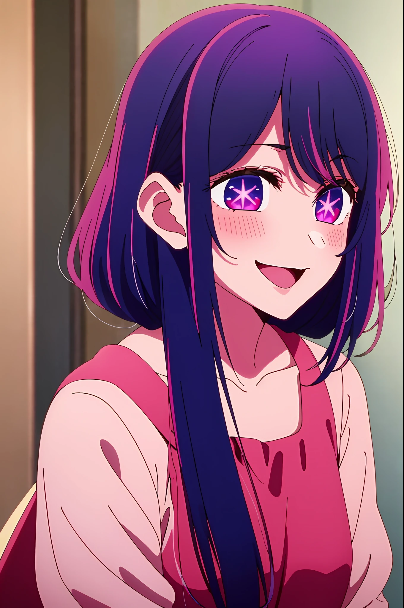 masterpiece、ighly detailed、(1 girl in:1.2)、purple color hair、pink dress、big eye、a closeup、a smile、8K 、Ai Hoshino、Live performance venue