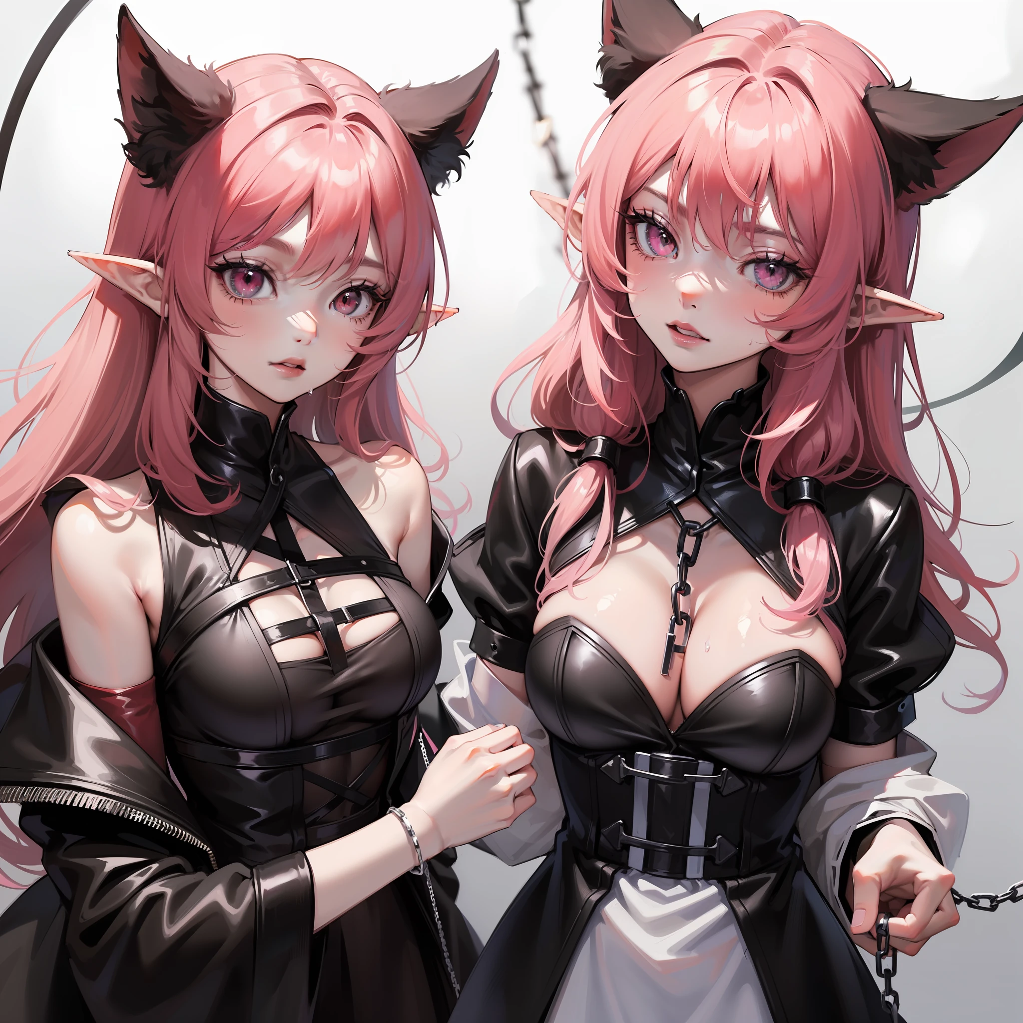 A young demonic woman with pink hair with black horns, Elf ears and cat ears chained wearing a wet black wedding dress with flowing hair, seios, corpo volumoso com seios e busto enormes. ((1girl))