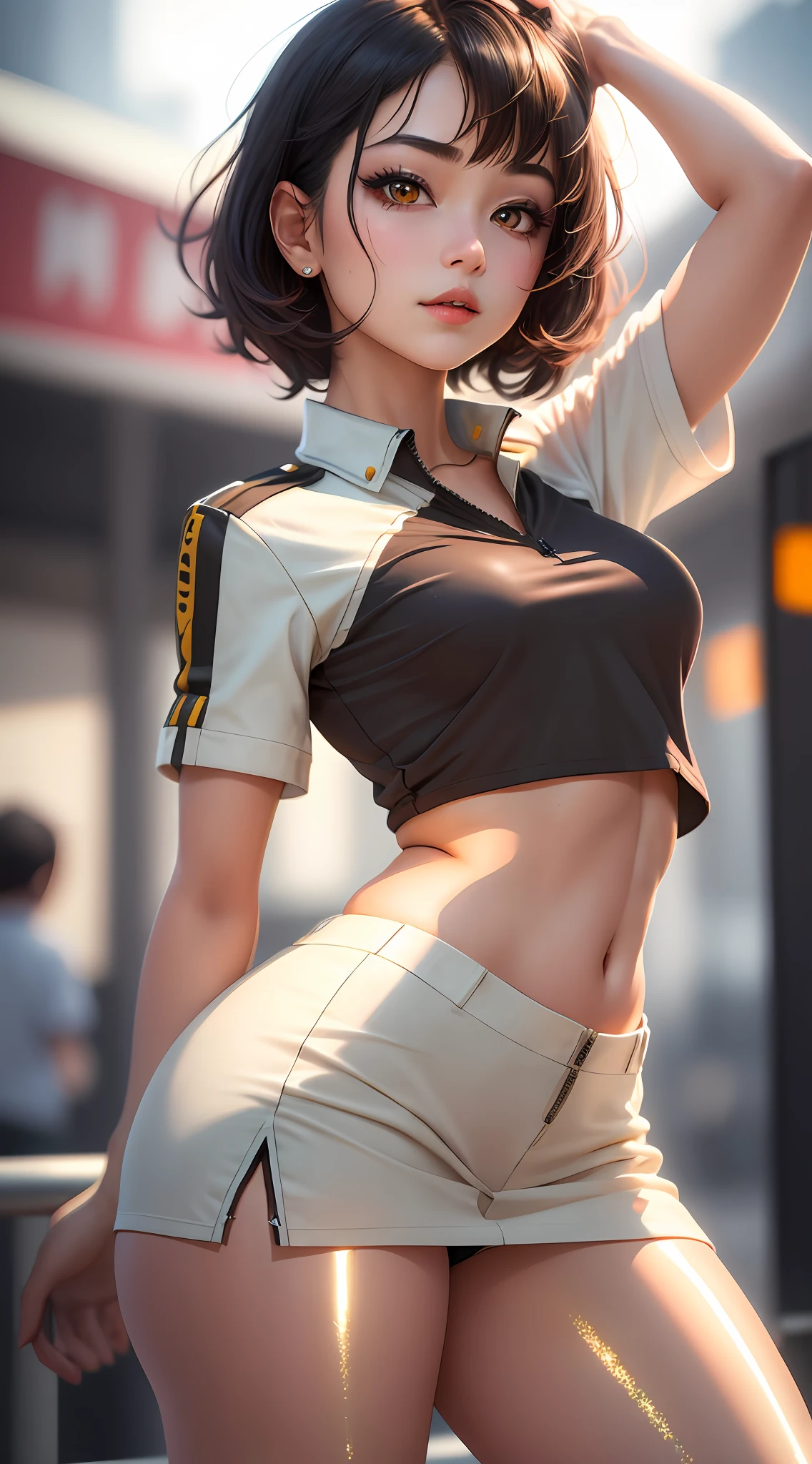 1girl, 独奏, Sexy outfit，Bright colors, tmasterpiece, Best quality at best, realisticlying, ultra - detailed, (shiny skins, perspired:1.4), absurderes, looking at viewert, with short black hair, with brown eye,slenderness,Dynamic light and shadow,A high resolution,Sharp focus,depth of fields,The eyes are delicate,Sharp pupils,pupil realistic,(smallunderboob:1.6),(Thigh thick:1.0),exteriors,Skysky