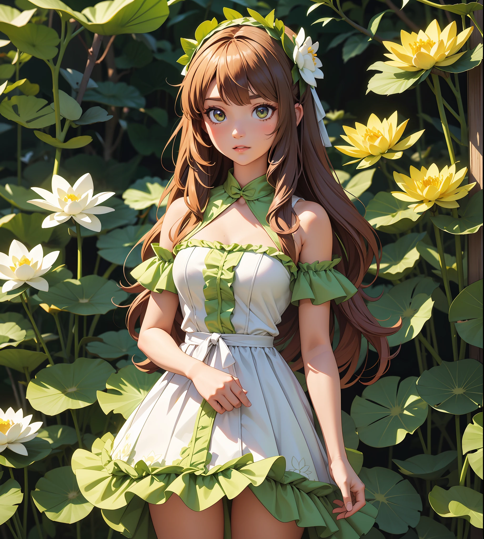 Alraune monster girl, growing out of a flower, vines and flowers, green choppy fluffy hairstyle, Brown headband with white frills and a white and tan argyle-patterned bow, wearing White Lotus dress, masterpiece, best quality