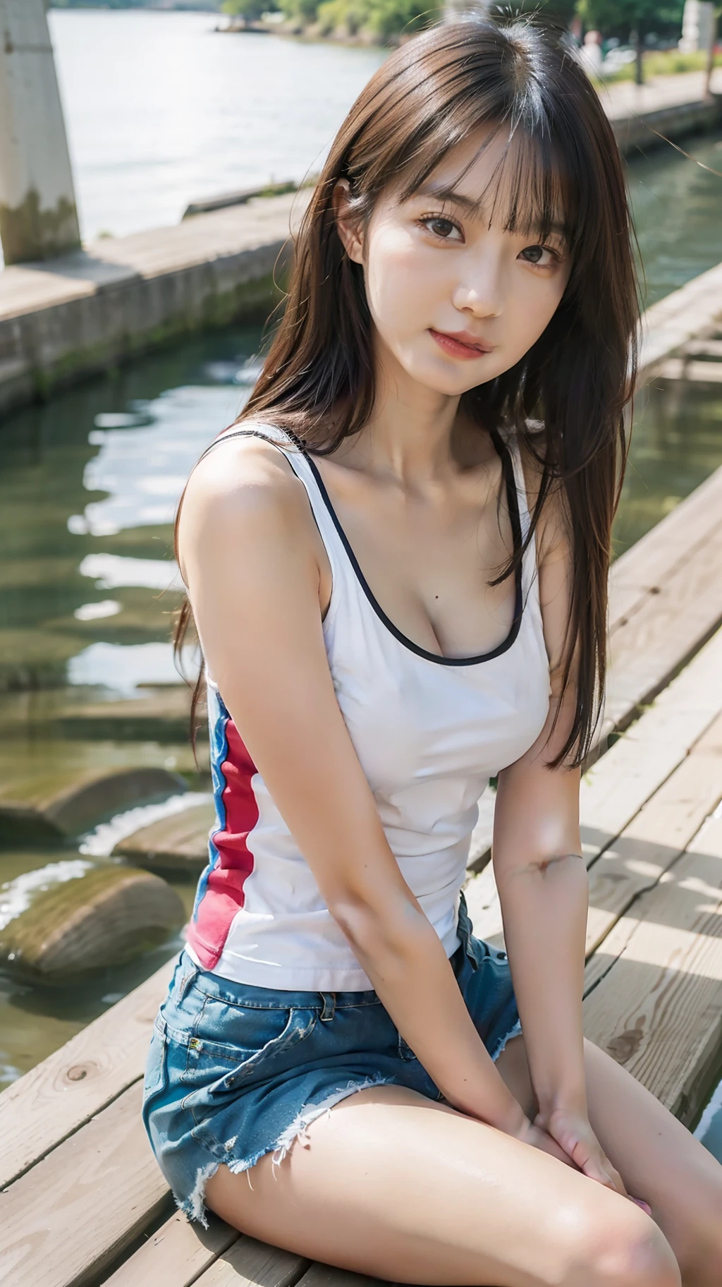 A beautiful Asian girl, soft smile, straight hair white skin, smooth skin, medium breasts size, wearing colourful tank top, and shorts, sitting in river side cafe, RAW photo