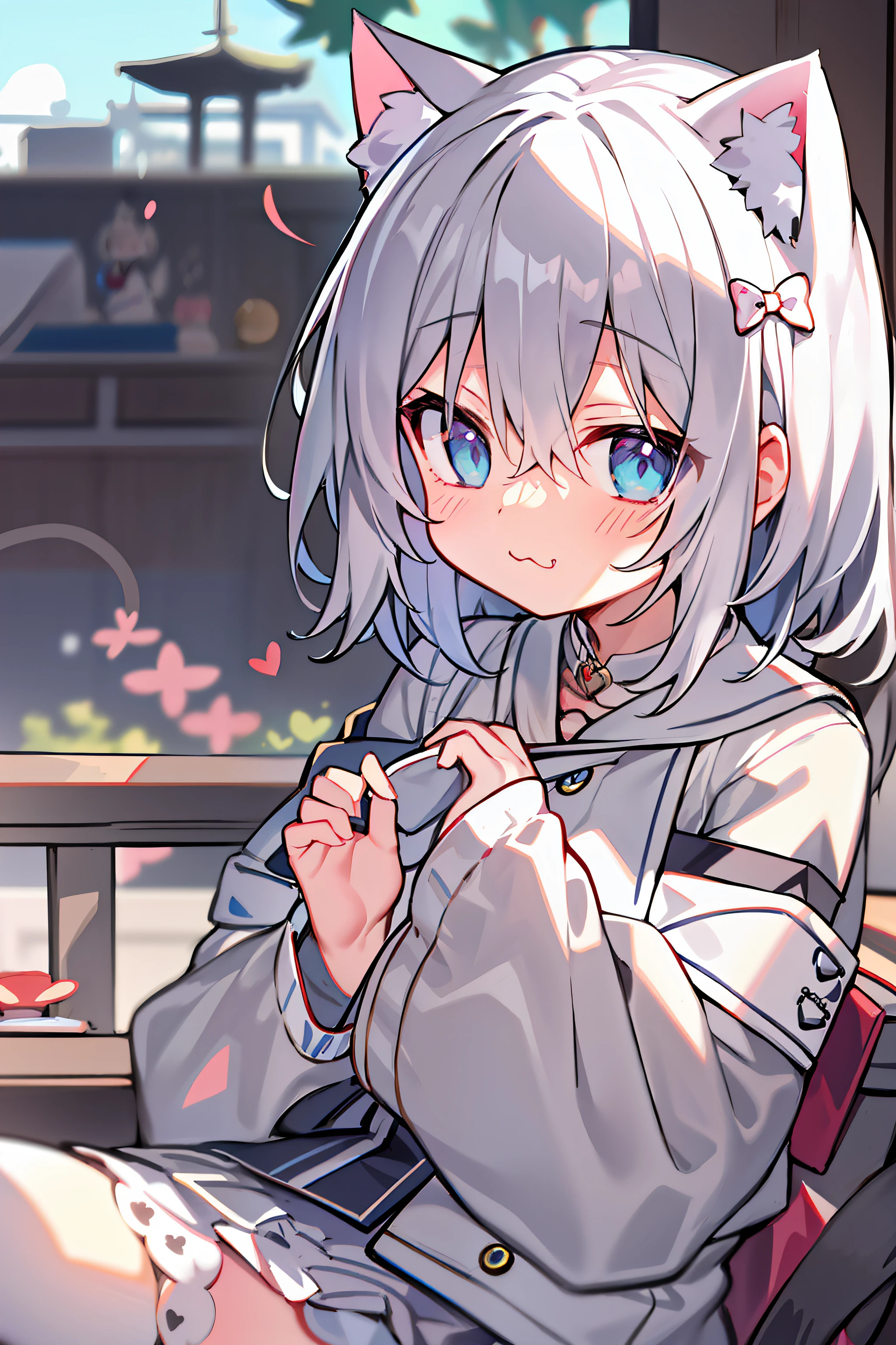 tmasterpiece, Need, 1 gray hair, mid - length hair, cat ear, There is love in the eyes, looking at viewert, :3, adolable, 围巾