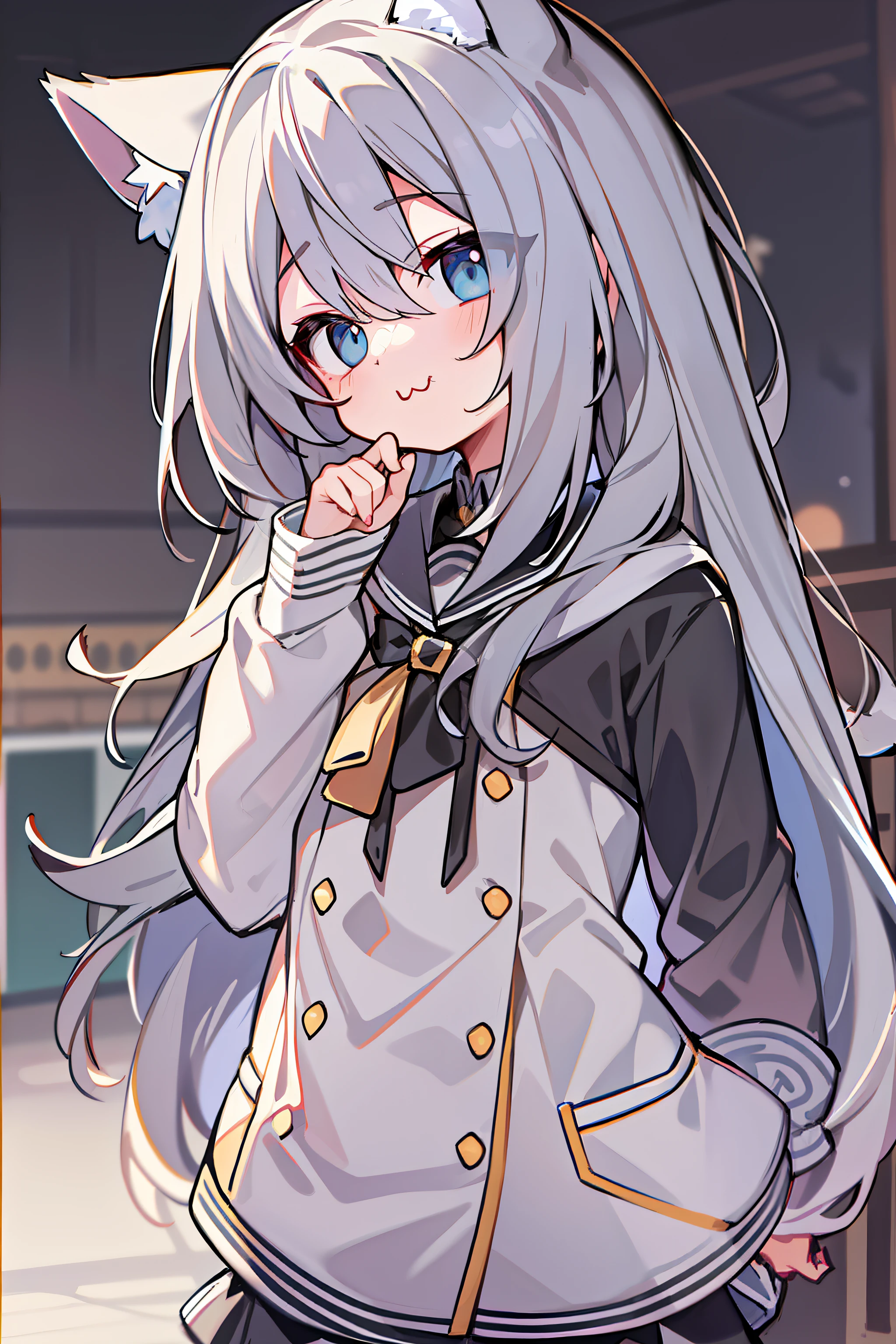 tmasterpiece, Need, 1 loli gray hair, mid - length hair, cat ear, eye closeds, looking at viewert, :3, adolable, 围巾