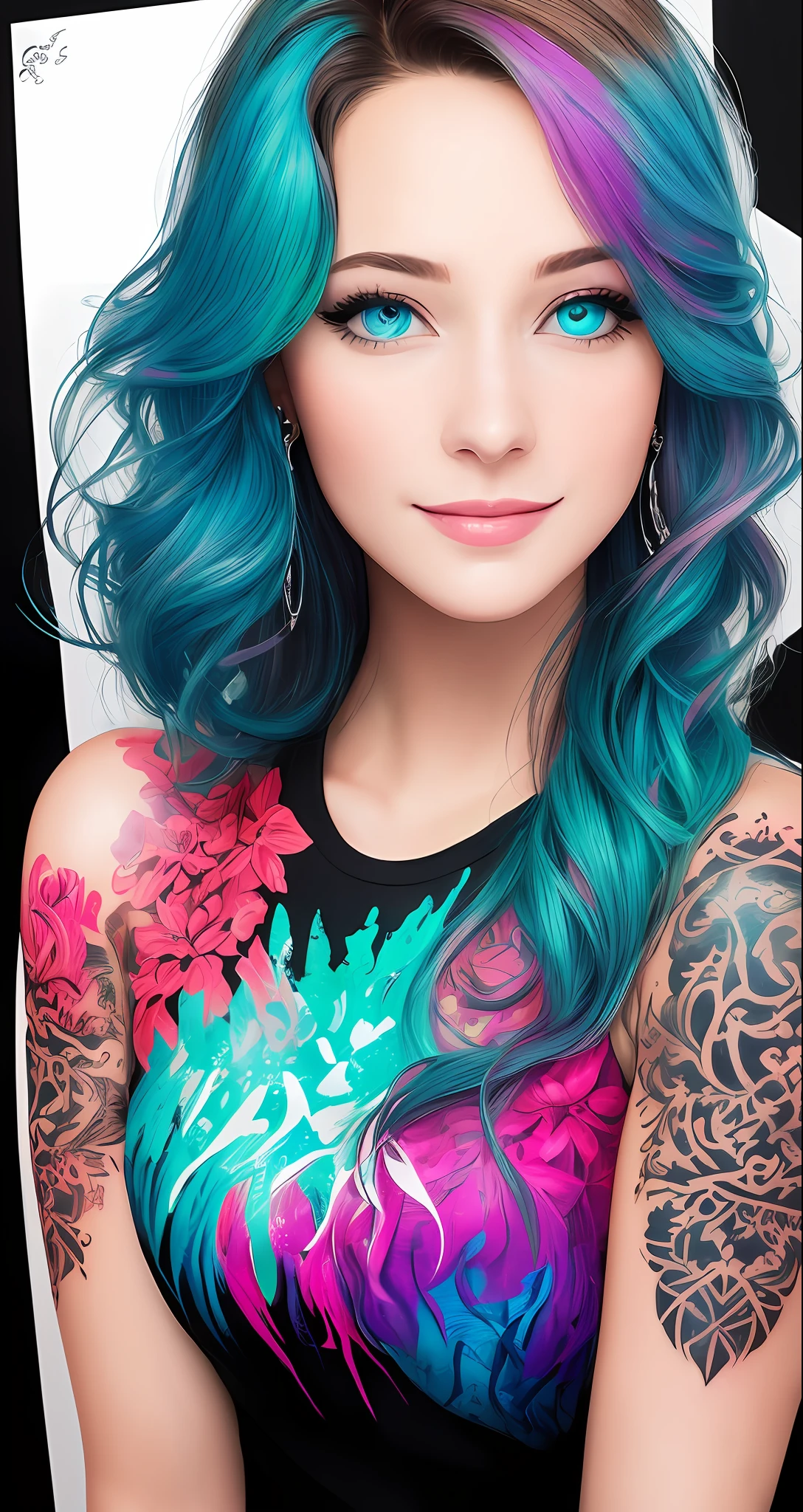 (photorealistic), (realistic), portrait of woman standing, milf, professor, (freckles:0.7), solo, sexy, seductive smile, best quality, highly detailed, masterpiece, ultra-detailed, illustration, small pink lips, sexy attire , studio_ghibli_anime_style style,
upper body, red dragon tattoo, tattoo design, stencil, tattoo stencil,
[(colorful explosion psychedelic paint colors:1.21)::0.2],
colorful, shimmering blue eyes, blowout hair,  ({platinum|red|pink|cyan|brown|green|purple|magenta|blond} hair:1.1),detailed eyes, intricate face,
black background, simple background, dearness, high contrast, (secret:0.9),