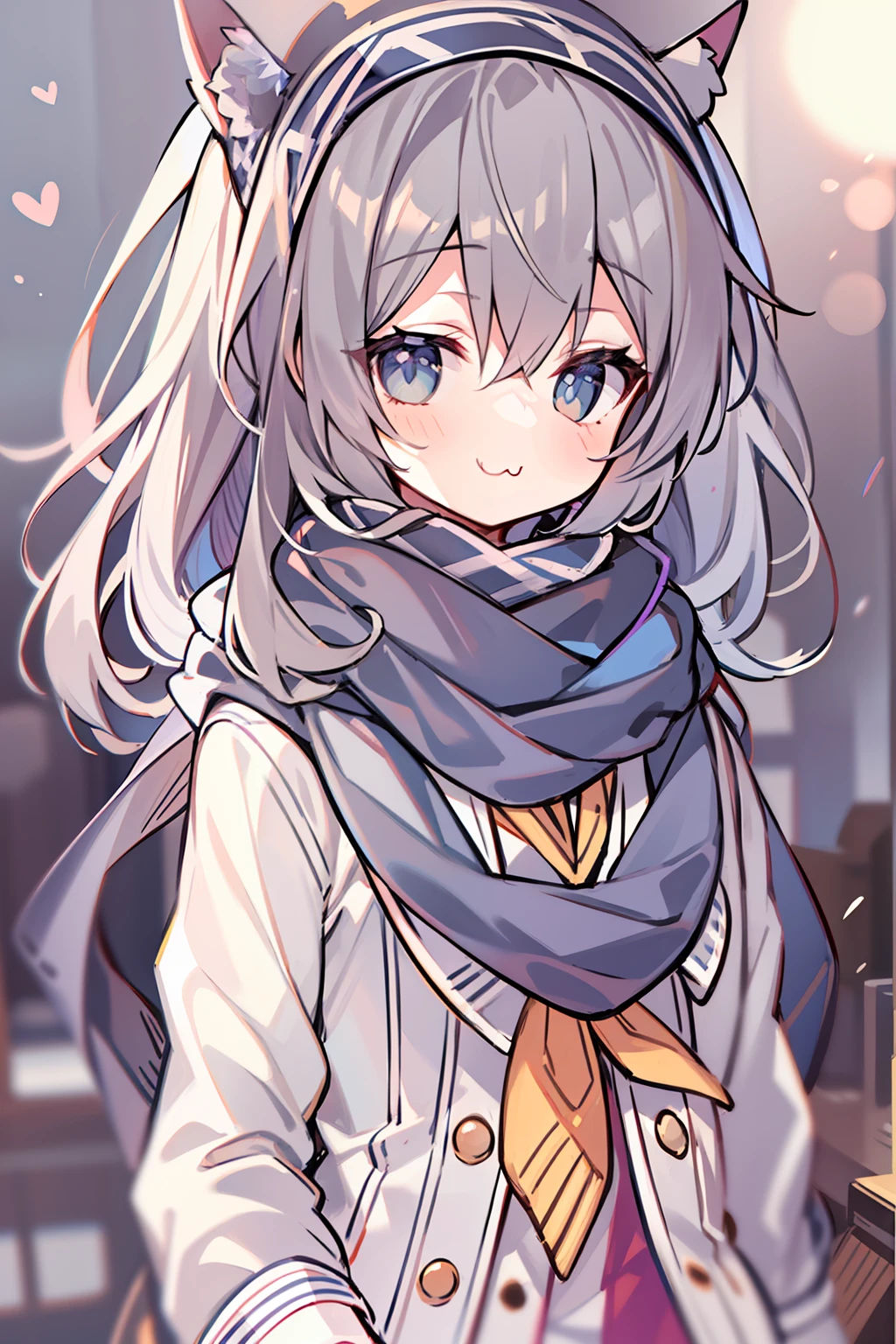 tmasterpiece, Need, 1 li gray hair, mid - length hair, cat ear, There is love in the eyes, looking at viewert, :3, adolable, Scarf love