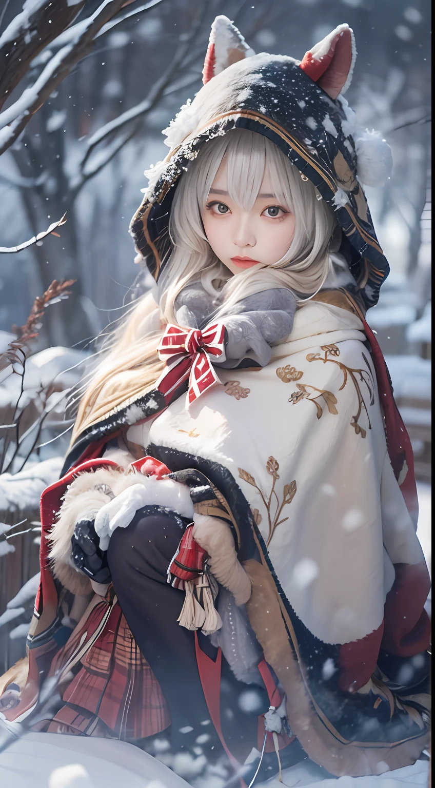 ((Works of masters))，(超高分辨率)，1 girl, Sitting, Lolita costume，Cloak (Snow, Outdoor activities in winter:1.2),